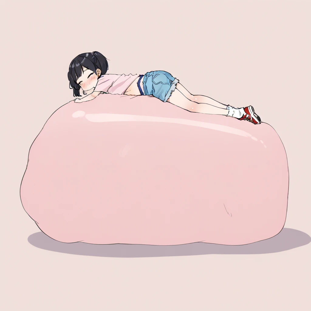 black hair, twintails, short twintails, gray eyes, sleeping, pink t shirt, short sleeves, blue denim shorts, perfect denim shorts, detailed denim shorts, white crew socks, red sneakers, perfect sneakers, detailed sneakers, 1girl, alone, solo, large head, short stature, skinny, thin body, , very , tiny body, skinny body, skinny limbs, skinny arms, skinny legs, small breasts, flat chest, small butt, full body, long shot, wide shot, very long shot, very wide shot, side view, perfect side view, perfect body, perfect limbs, perfect arms, perfect hands, 5 fingers, detailed fingers, perfect legs, best quality, ultra detailed, high quality, highly detailed, 8k, 16k, masterpiece, perfect anatomy, good anatomy, cute, kawaii, blushing, detailed face, fixed face, bare belly, midriff, perfect belly, huge belly, hyper belly, gigantic belly, massive belly, enormous belly, big belly, giant belly, person inside belly vore, vore, source_anime, (score_9,score_8_up,score_7_up,), very aesthetic, multiple people inside belly, multiple preys, (vore belly), AddXL, a belly many times bigger than your own body, colossal belly, (lying on belly:1.2), (laying on the belly, laying down, sleep on your stomach)