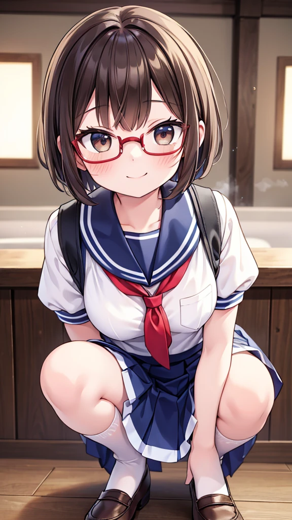 からかいのsmile、18-year-old、pretty girl , Short brown hair, Crouched down and looking embarrassed,smile、mischief、joy、 Steam rises around her, Shooting from below, One Girl, Very short hair, Red frame glasses、White blouse, Navy Blue Skirt, Navy blue socks, Brown Loafers, White panties, , Everyday Style, Highest quality, 4K, 8K, High resolution, masterpiece:1.2, Very detailed, Realistic, photoRealistic, photo-Realistic:1.37, High resolution, 超High resolution, Studio Lighting, Ultra-fine painting, Sharp focus, Physically Based Rendering, Very detailed説明, Professional, Vibrant colors, Bokeh