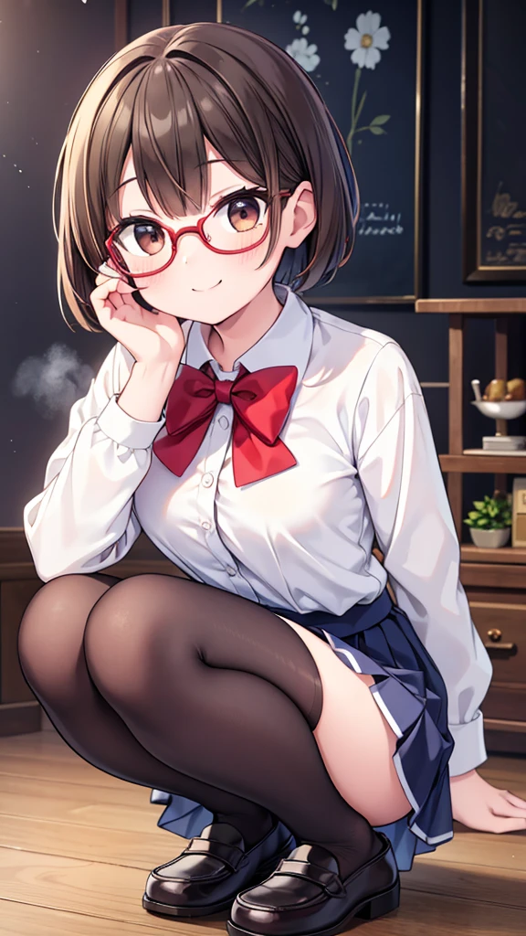 からかいのsmile、18-year-old、pretty girl , Short brown hair, Crouched down and looking embarrassed,smile、mischief、joy、 Steam rises around her, Shooting from below, One Girl, Very short hair, Red frame glasses、White blouse, Navy Blue Skirt, Navy blue socks, Brown Loafers, White panties, , Everyday Style, Highest quality, 4K, 8K, High resolution, masterpiece:1.2, Very detailed, Realistic, photoRealistic, photo-Realistic:1.37, High resolution, 超High resolution, Studio Lighting, Ultra-fine painting, Sharp focus, Physically Based Rendering, Very detailed説明, Professional, Vibrant colors, Bokeh