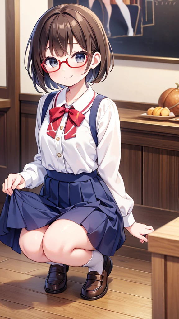からかいのsmile、18-year-old、pretty girl , Short brown hair, Crouched down and looking embarrassed,smile、mischief、joy、 Steam rises around her, Shooting from below, One Girl, Very short hair, Red frame glasses、White blouse, Navy Blue Skirt, Navy blue socks, Brown Loafers, White panties, , Everyday Style, Highest quality, 4K, 8K, High resolution, masterpiece:1.2, Very detailed, Realistic, photoRealistic, photo-Realistic:1.37, High resolution, 超High resolution, Studio Lighting, Ultra-fine painting, Sharp focus, Physically Based Rendering, Very detailed説明, Professional, Vibrant colors, Bokeh
