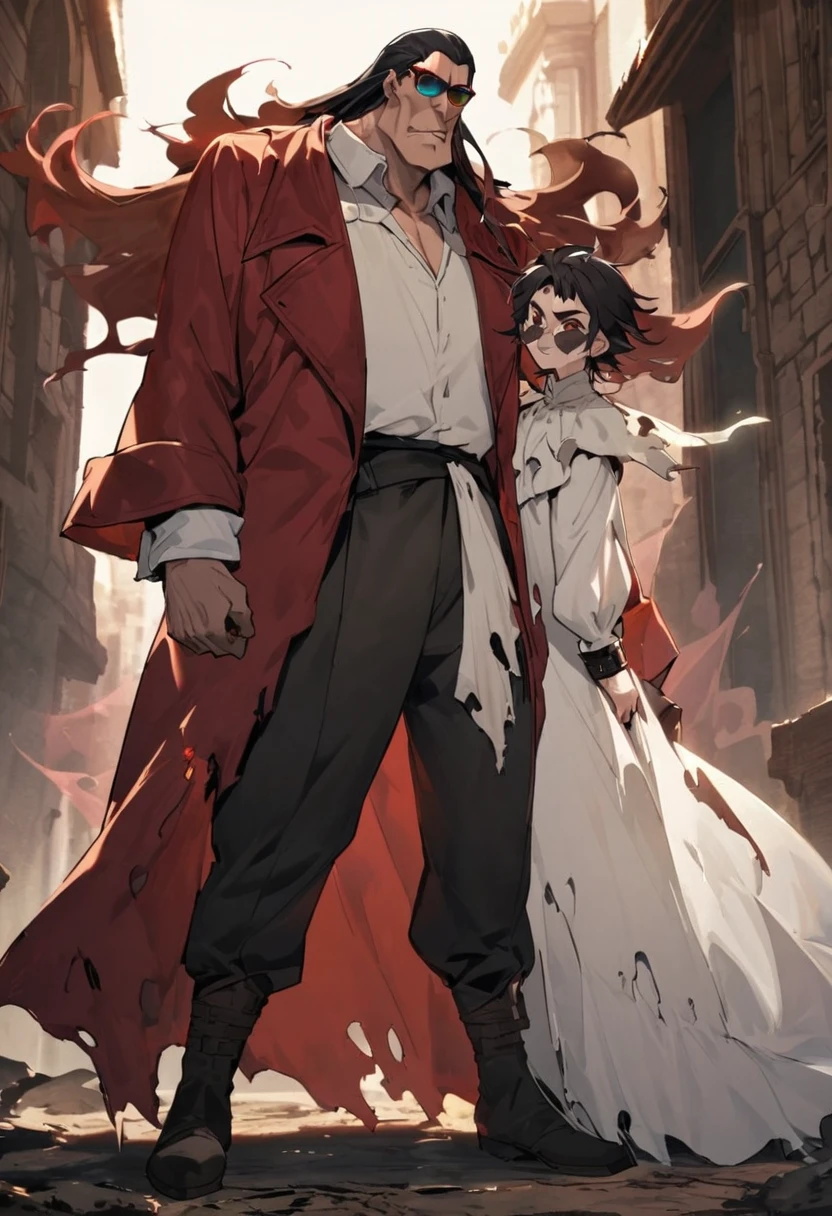 a tall man of seeming middle age, with a long face, broad chin, pronounced cheekbones, and reddish-brown eyes topped by thin eyebrows. His long ragged black hair with white highlights. His attire consists of a tattered white dress shirt with an upturned collar and cuffs, black pants, low-heeled boots, and a long, amorphous red overcoat with a burgundy highlight that flares out into ragged ends. He wears brown-tinted, semi-transparent wraparound sunglasses.