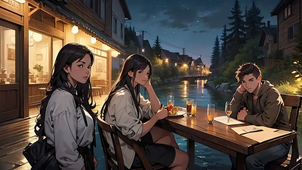 ((best quality)), ((work of art)), ((detailed)), 3 friends, one man and two women, sitting at a large table, facing the river, at night