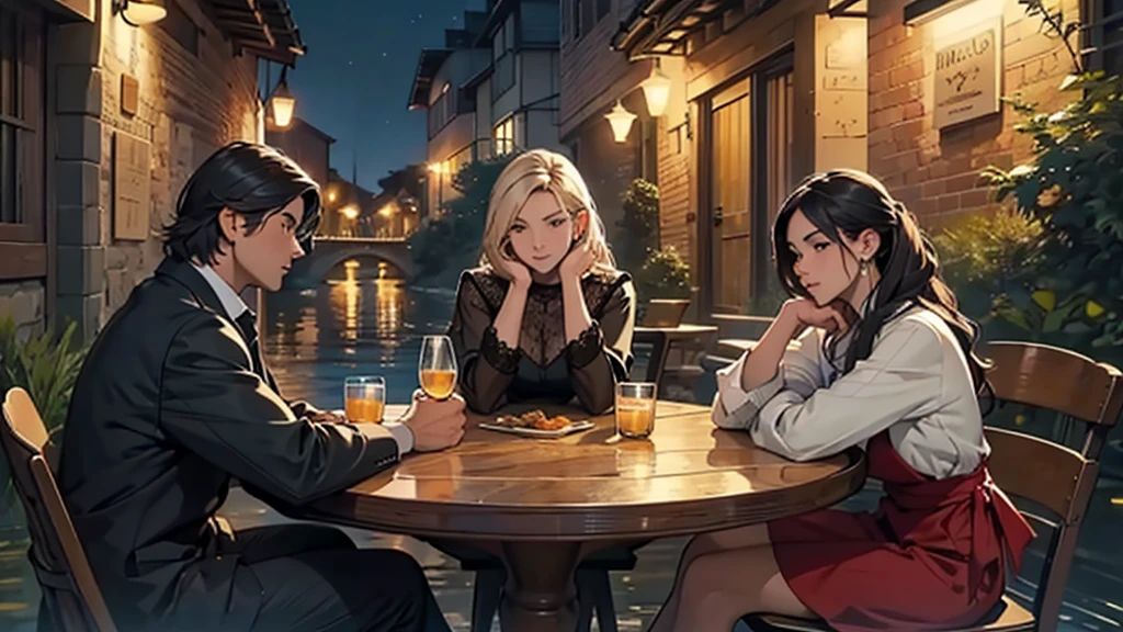 ((best quality)), ((work of art)), ((detailed)), 3 friends, one man and two women, sitting at a large table, facing the river, at night