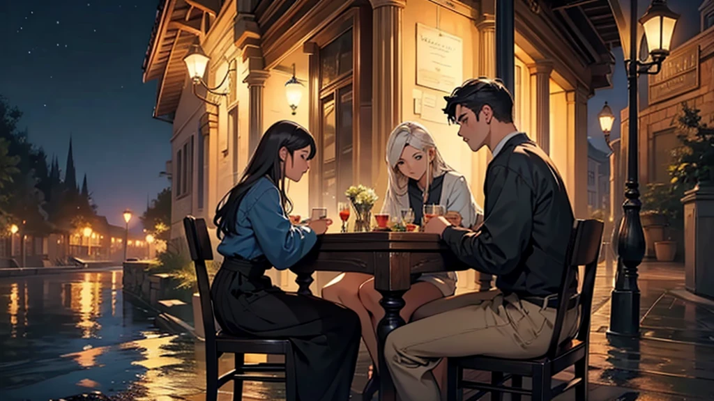 ((best quality)), ((work of art)), ((detailed)), 3 friends, one man and two women, sitting at a large table, facing the river, at night
