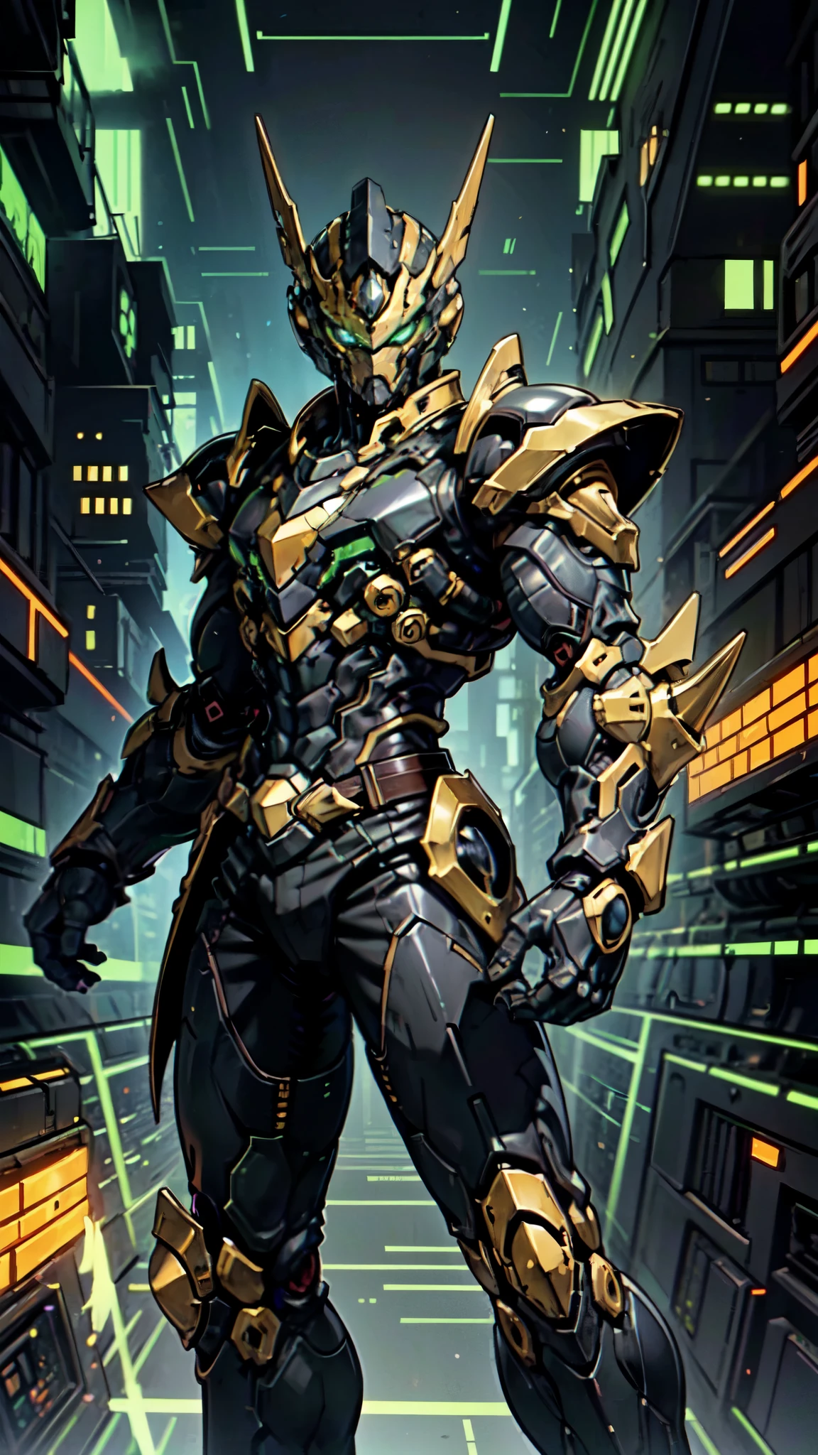 (masterpiece:1.5, best quality:1.5, extremely delicate:1.5, foreshortening:1.5, dynamic angle:1.5), a man wearing a full-face helmet, a fantasy-style biotech armored combat suit, green eyes, (a composite layered chest armor), fully enclosed shoulder guards, matching arm and leg guards, the belt is adorned with neon circuitry, (the color scheme is primarily black glow with green and red accents), the design balances heavy with agility, a high-tech bio-mecha armor, (Armor Concept Inspired by neon Cyberpunk, stand on the top of a skyscraper in a futuristic sci-fi city), this character embodies a finely crafted fantasy-surreal style armored hero in anime style, exquisite and mature manga art style, (element, plasma, energy, the armor glows), ((male:1.5)), metallic, high definition, highres, ultra-detailed, ultra-fine painting, professional, perfect body proportions, golden ratio, anatomically correct, symmetrical face, extremely detailed eyes and face, high quality eyes, creativity, RAW photo, UHD, 32k, Natural light, cinematic lighting, masterpiece-anatomy-perfect