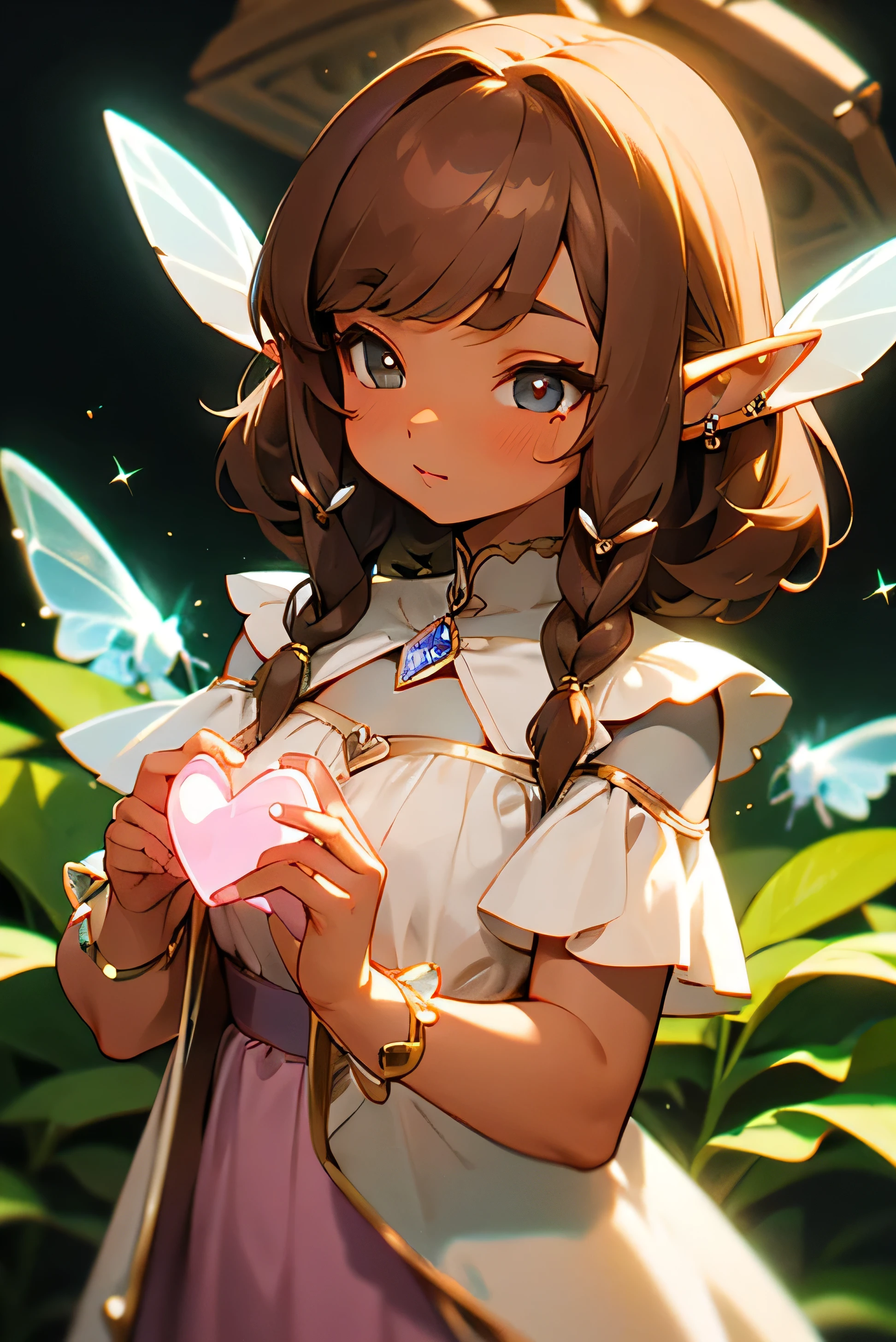 elf brown skin shoulder length brown hair with straight bangs, chubby build little chest, dressed in a long romantic pastel colored dress with piercings in her ears and a heart-shaped crystal in her hands with bees around