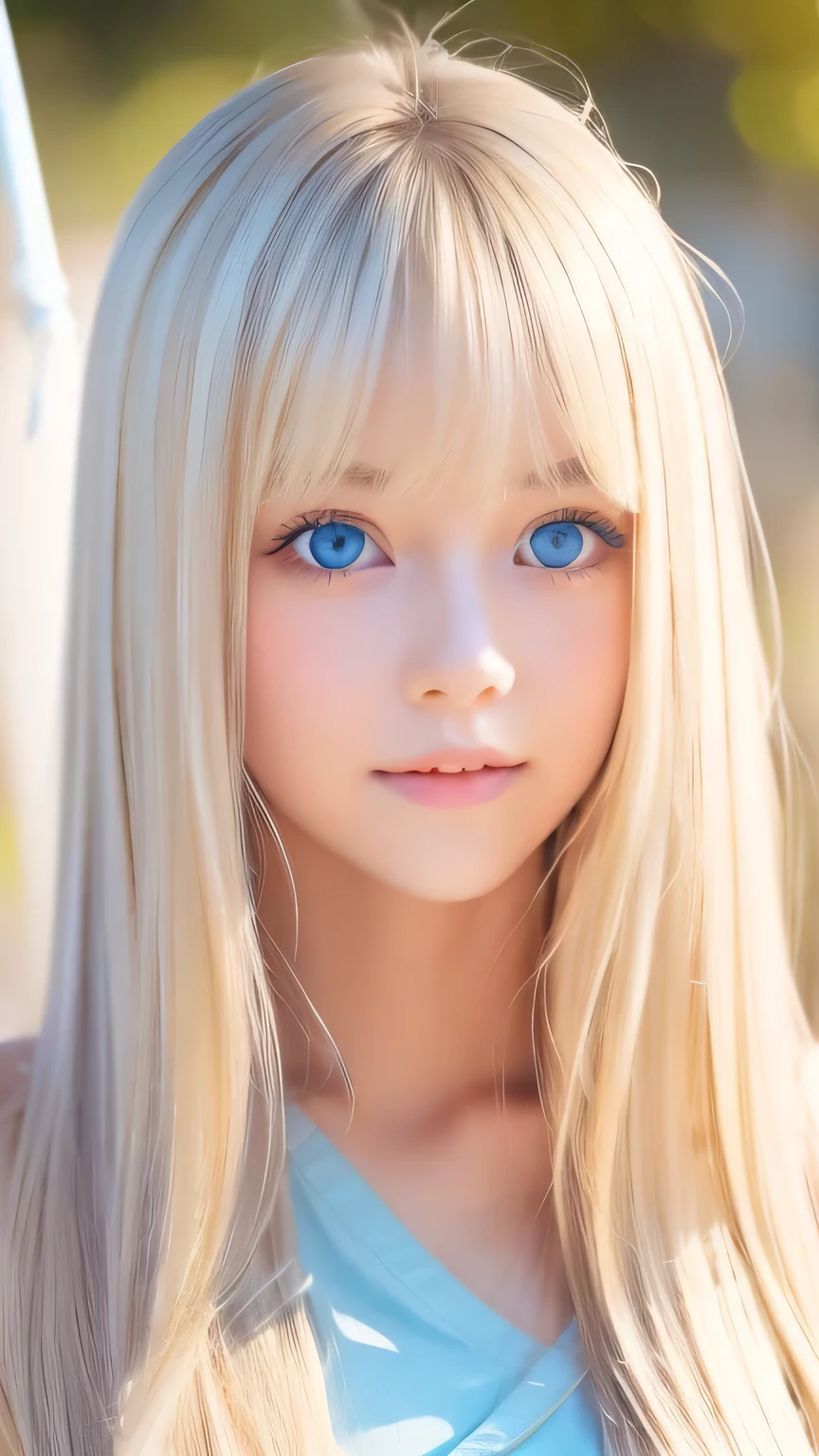 Very beautiful face、A beautiful girl、Super Long Hair、windy silky blonde super long hair、Swinging bangs、Cute sexy 16 year old blonde girl with light blue eyes、Hair above the eyes、片Hair above the eyes、Hair between the eyes、Big bright light blue eyes that shine so beautifully、eyeliner、Bright expression、