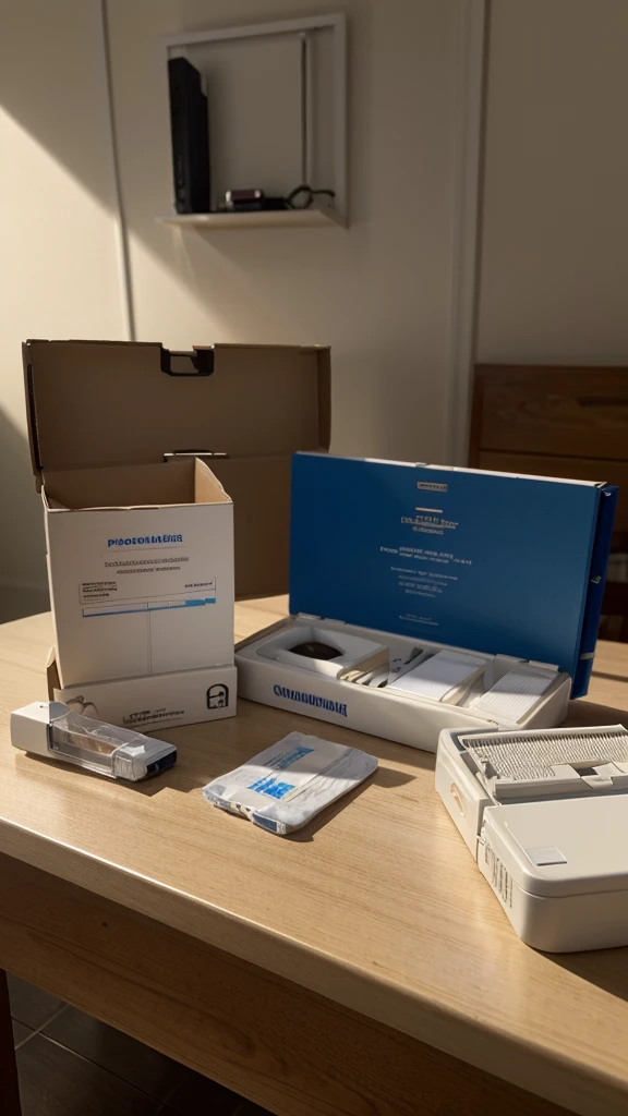 a Phamatech Quickstick pregnancy test kit, opened, positive result, on table, with box, detailed realistic medical product, medical equipment, close up, high resolution, photorealistic, extreme detail, 8K, studio lighting, flawless colors, soft lighting, clean background