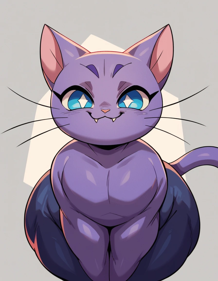 Feral Cat femboy ,hyper butt, ALL four, Electric cat  tail,cute fangs ,purple body , blue eyes, white pupils ,two tone body, Smug face , neon body ,whisker 