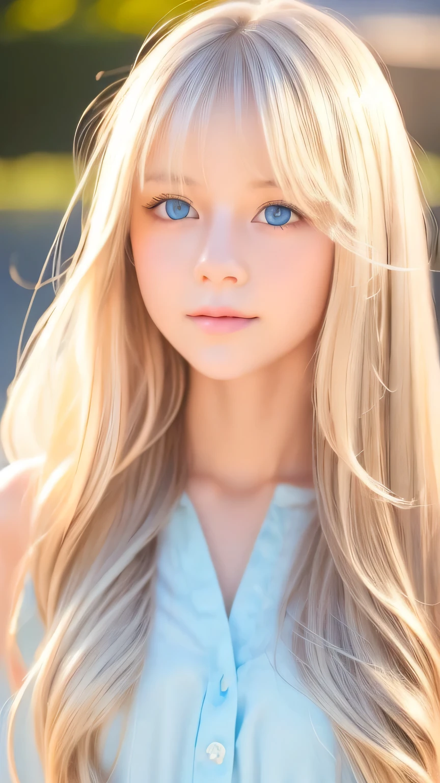 Very beautiful face、A beautiful girl、Super Long Hair、windy silky blonde super long hair、Swinging bangs、Cute sexy 16 year old blonde girl with light blue eyes、Hair above the eyes、片Hair above the eyes、Hair between the eyes、Big bright light blue eyes that shine so beautifully、eyeliner、Bright expression、