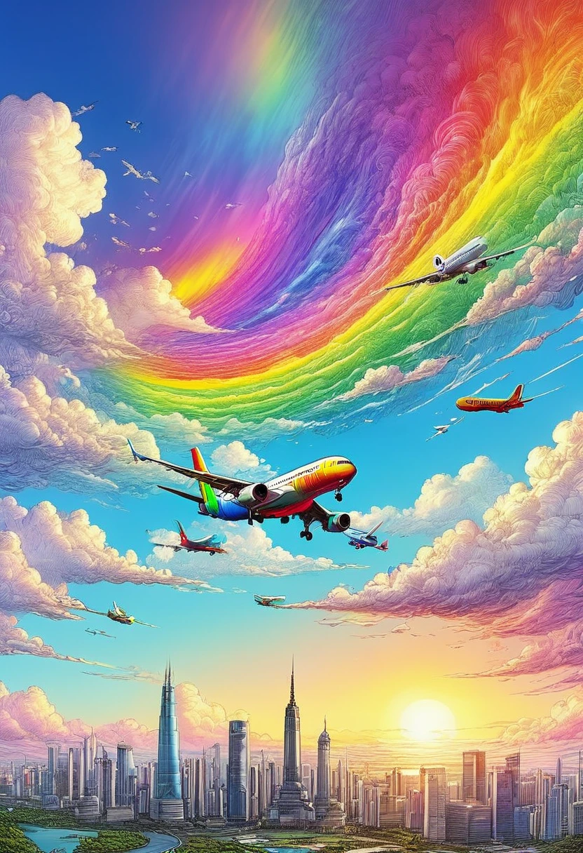 A world full of rainbow colors、Rainbow Airplane、A plane flying in a rainbow sky,colorful,Beautiful rainbow clouds,wonderful景色,Utopia,An atmosphere full of dreams and hope,masterpiece.16K, Ultra-high resolution, Ultra-high resolution, to be born,wonderful ,future、Iridescent、The world 30 years from now。