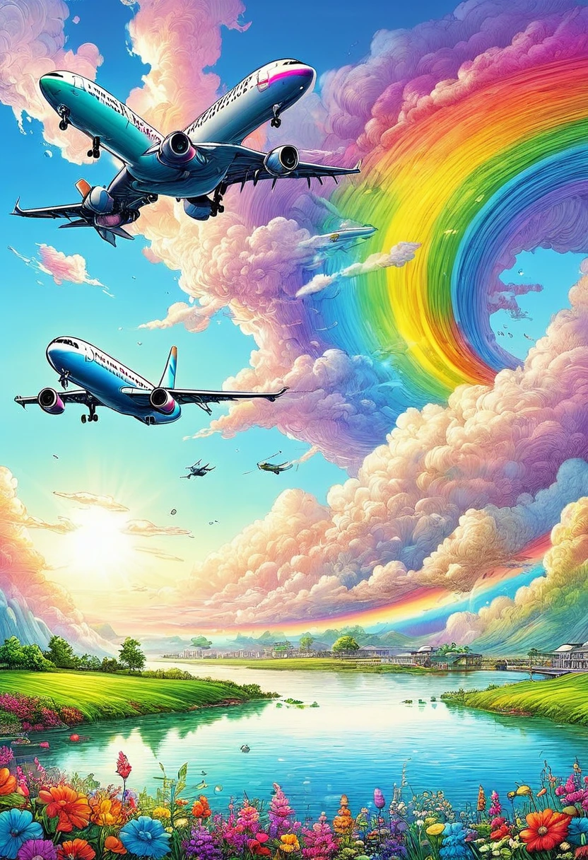 A world full of rainbow colors、Rainbow Airplane、A plane flying in a rainbow sky,colorful,Beautiful rainbow clouds,wonderful景色,Utopia,An atmosphere full of dreams and hope,masterpiece.16K, Ultra-high resolution, Ultra-high resolution, to be born,wonderful ,future、Iridescent、The world 30 years from now。