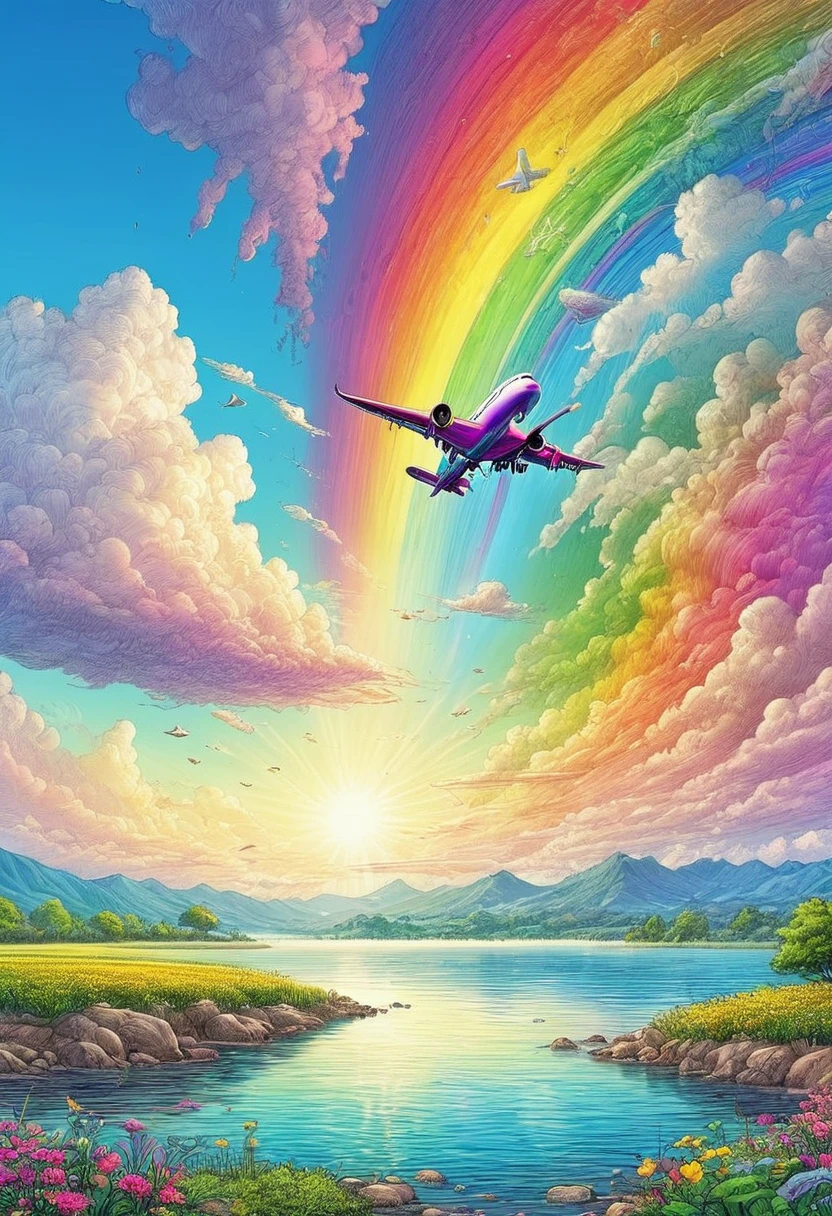 A world full of rainbow colors、Rainbow Airplane、A plane flying in a rainbow sky,colorful,Beautiful rainbow clouds,wonderful景色,Utopia,An atmosphere full of dreams and hope,masterpiece.16K, Ultra-high resolution, Ultra-high resolution, to be born,wonderful ,future、Iridescent、The world 30 years from now。