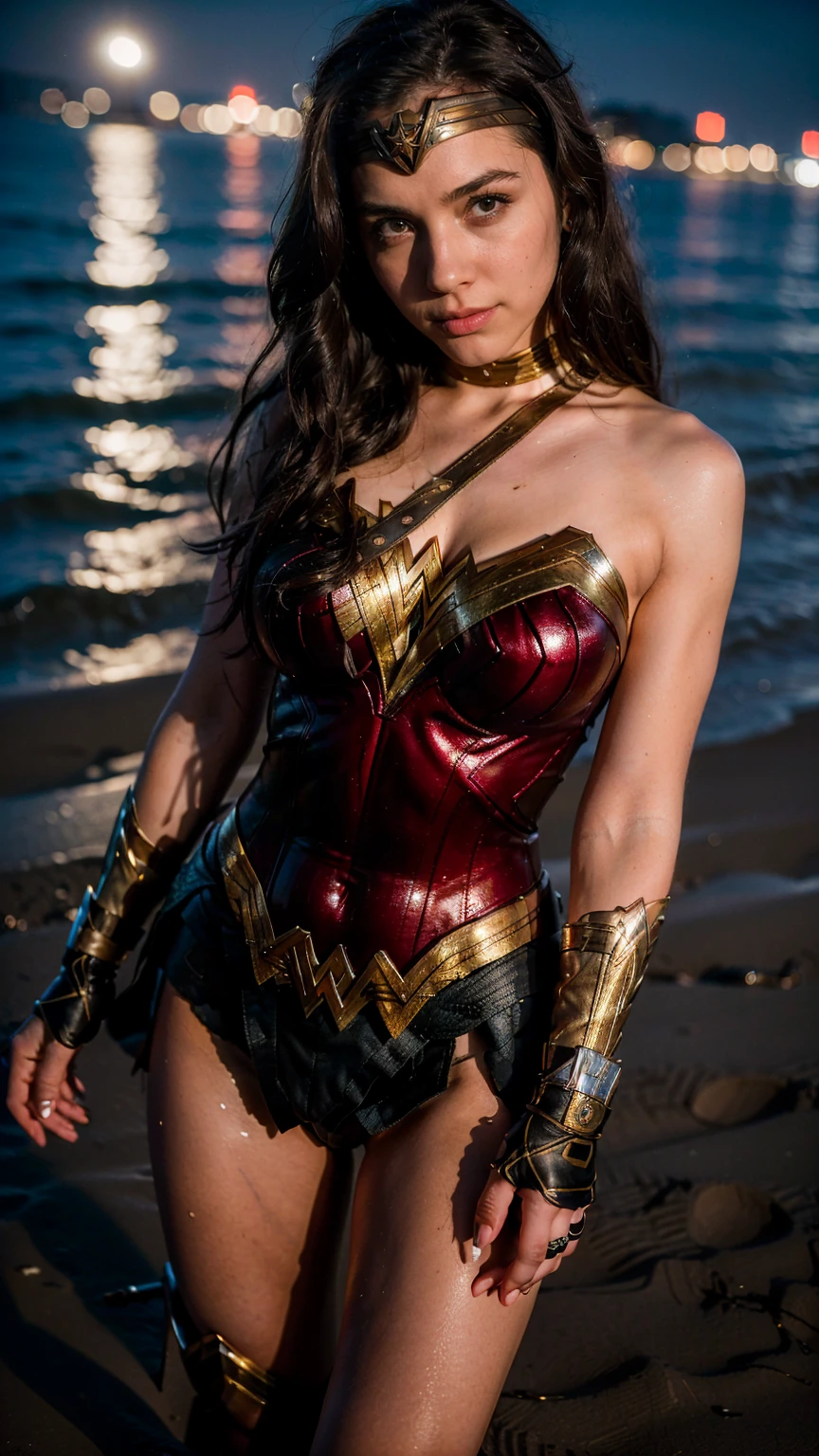 ((masterpiece), (solo character), (photorealistic:1.4), ),(best quality), (epiCRealLife), (gldt), (Gal Godot in wonder woman costume), (lora:epiCFlashPhoto),(flashphoto), (flash photography) (look at viewers), (at night), (night time),, (photoshoot), (wonder woman theme), (on the sand), (different close upcamera angle shots), (light smile), 