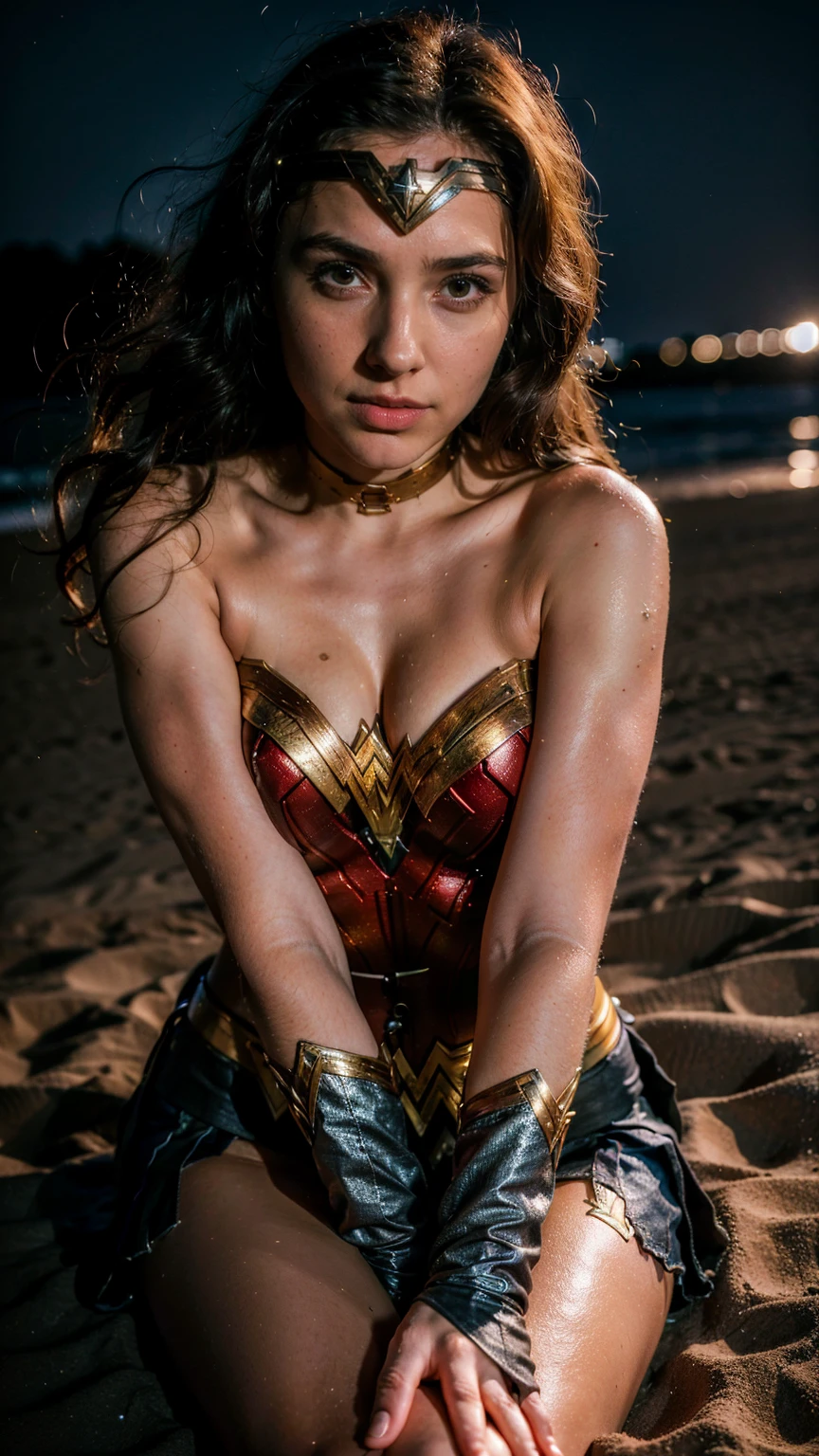 ((masterpiece), (solo character), (photorealistic:1.4), ),(best quality), (jennlaw), (epiCRealLife), (gldt), (Gal Godot in wonder woman costume), (lora:epiCFlashPhoto),(flashphoto), (flash photography) (look at viewers), (at night), (night time),, (photoshoot), (wonder woman theme), (on the sand), (different close upcamera angle shots) (boots), (light smile), , (close up shots)