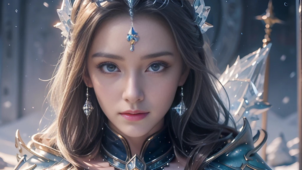 masterpiece, rest, best quality, Very detailed, Super real, 16K, high resolution, castle,snow, ((Starry Sky)),Female Mage,Gorgeous armor,Complex Mode,Large Breasts,Pretty Face,Closed mouth,dramatic,Half-length photo,Glowing scepter