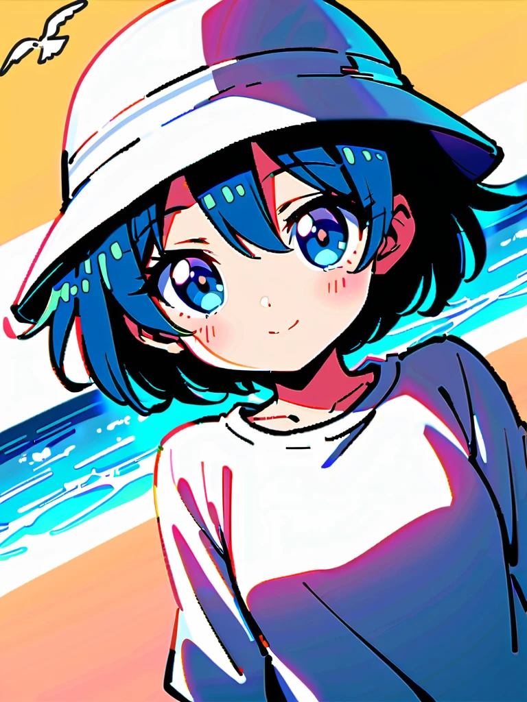 full body，reflection，Hoshino Katsura style，Anime girl next to sparkling blue sea，Wear a white loose shirt，long eyelashes，Beautiful eyes，Exquisite facial features，Happy look，messy hair，Beach cap，Seagulls flying，Warm sun exposure，Professional lighting tips，Light and shadow effects

