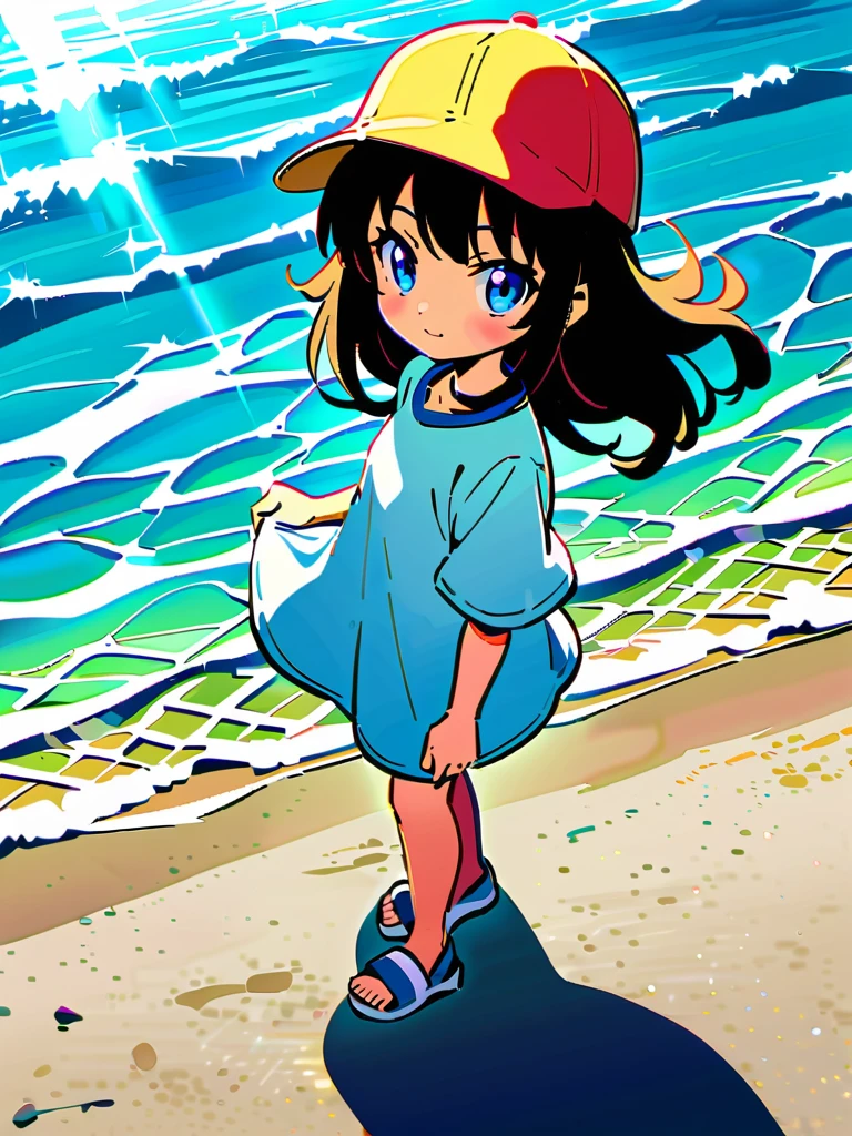 full body，reflection，Hoshino Katsura style，Anime girl next to sparkling blue sea，Wear a white loose shirt，long eyelashes，Beautiful eyes，Exquisite facial features，Happy look，messy hair，Beach cap，Seagulls flying，Warm sun exposure，Professional lighting tips，Light and shadow effects
