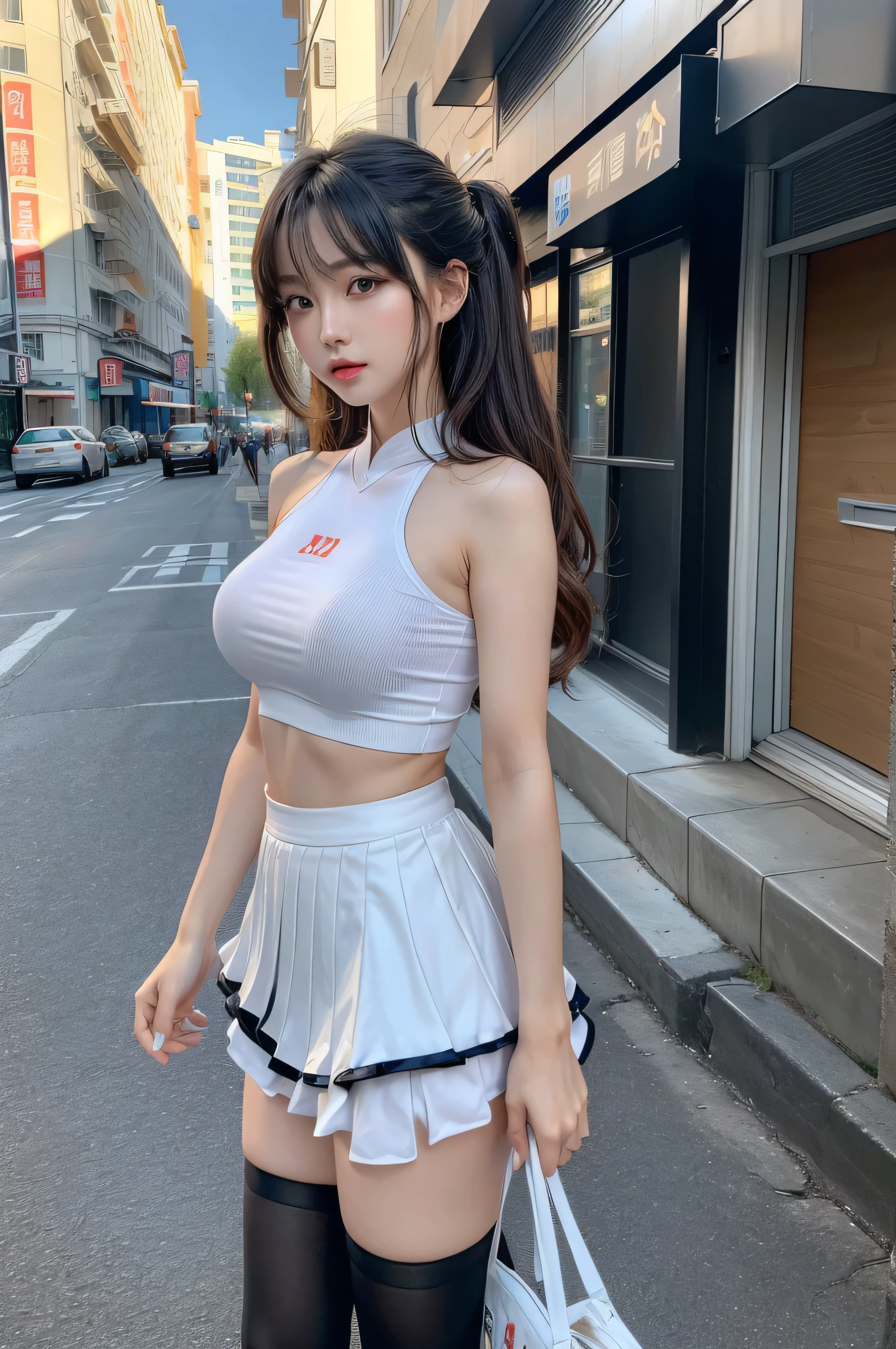 (quality),8K,(masterpiece:1.3),(1 girl:1.3),(In Minaof name),Beautiful of Korean girl, Korean pop idol，Beauty of woman，Have a perfect body:1.4, Slim abdominal muscles:1.2, ((Layered Hairstyle, :1.2)), ((View Viewer)),(A brilliant smile:1.3),（Big Asa），Actual,high resolution,Highly detailed face and skin textures,Realistic face,RAW photos,((Pretty face:1.5)),(Beauty of woman:1.4),Perfect body example,,((Super detailed face)),Attention to detail,Double eyelids,Eyeshadow Enhancement,Eye for detail,Professional lighting,灯Optics,Focus,((Sporty style)),((Optics, Bright colors of clothes Bright colors of T-shirts，Short skirt,((vitality,Positive,vivaciousnesposing thighs)),(of:1.3),Ultra-thin sports bar，Hip skirt，on the street