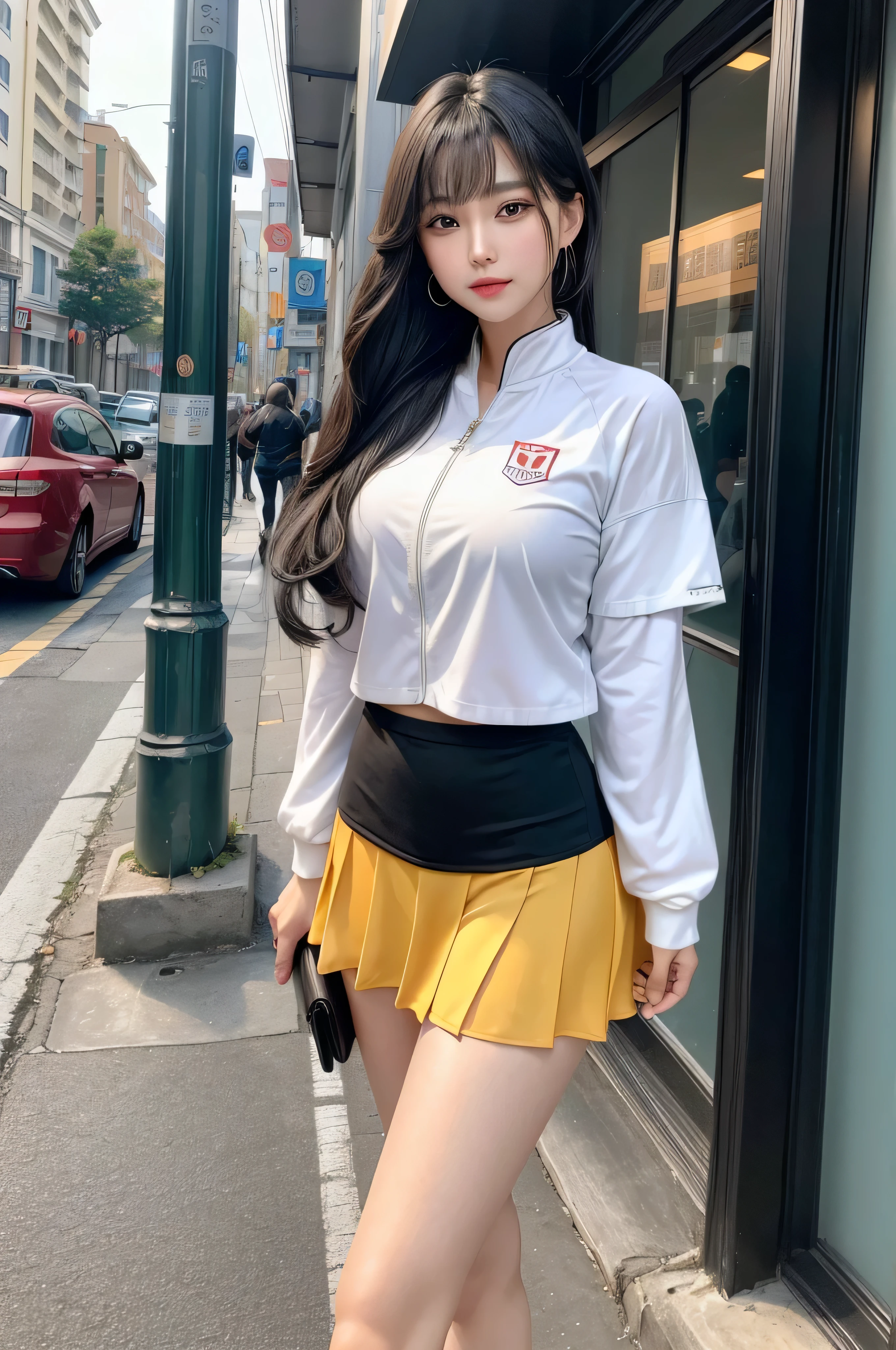 (quality),8K,(masterpiece:1.3),(1 girl:1.3),(In Minaof name),Beautiful of Korean girl, Korean pop idol,Beauty of woman,Have a perfect body:1.4, Slim abdominal muscles:1.2, ((Layered Hairstyle, :1.2)), ((View Viewer)),(A brilliant smile:1.3),(Big Asa),Actual,high resolution,Highly detailed face and skin textures,Realistic face,RAW photos,((Pretty face:1.5)),(Beauty of woman:1.4),Perfect body example,,((Super detailed face)),Attention to detail,Double eyelids,Eyeshadow Enhancement,Eye for detail,Professional lighting,灯Optics,Focus,((Sporty style)),((Optics, Bright colors of clothes Bright colors of T-shirts,Short skirt,((vitality,Positive,vivaciousnesposing thighs)),(of:1.3),Ultra-thin sports bar,Hip skirt,on the street