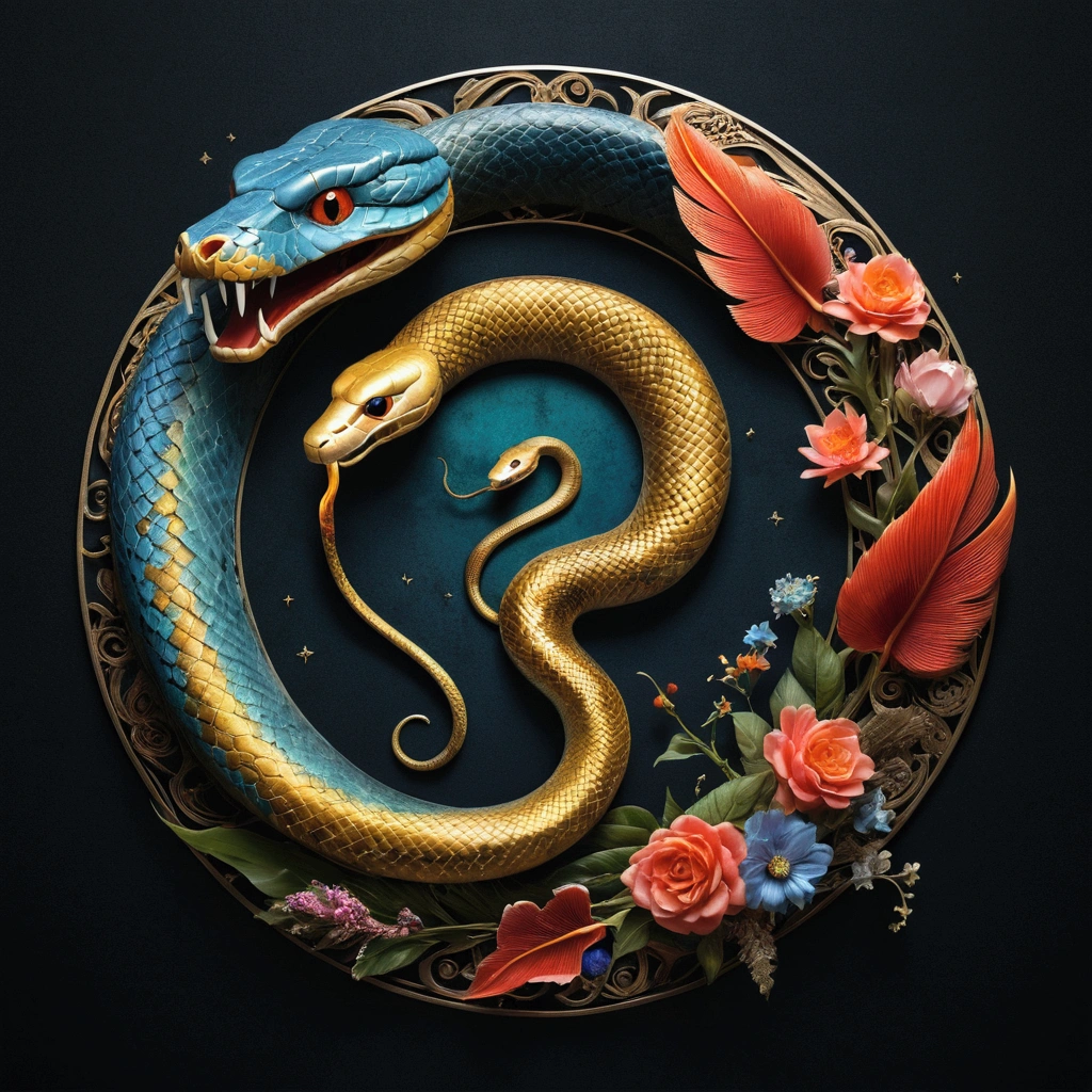 (masterpiece,high quality,Ultra HD),Mythical creatures,A snake circles and eats its own tail, In the center of the circle is a large eye of God, To the right of the snake angel's wing, And on the left are the devil's wings, Above the snake is a sacred halo full of eyes.,Mysterious Colors,Oriental style,Traditional cultural elements"Better Quality, Master Parts, Ultra-high resolution, (Realistic photography:1.4), Surrealism, Like a dream,Fusion Art, , energy, hand, flow , Ying Yang, Abstract, universe, S letter, Typography