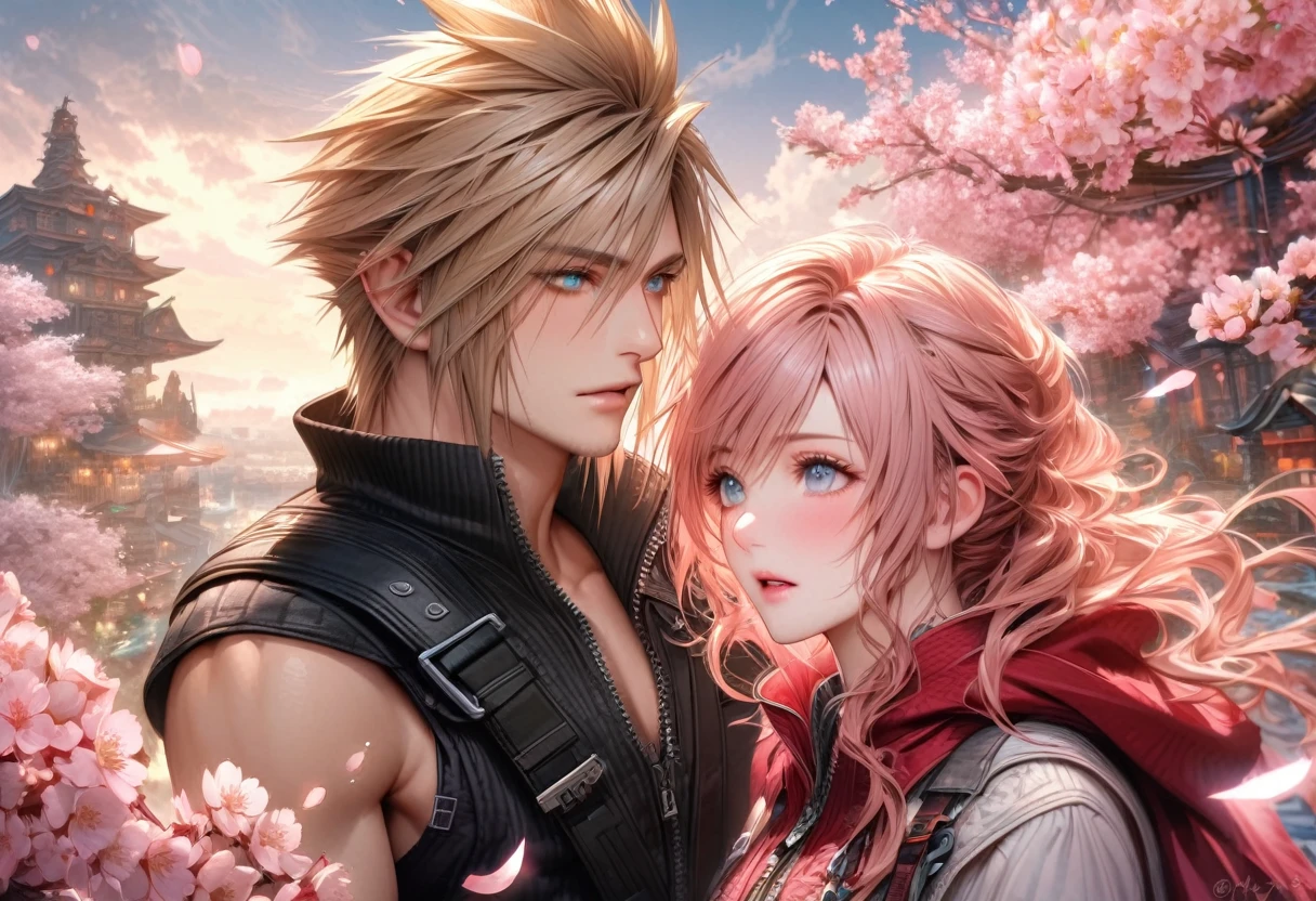 Ultra detailed, HDR, Highres, absurdres, master piece, Claire Farron, wavy pink short hair, expressive aqua pale eyes, Lightning Farron, Final Fantasy XIII, Cloud Strife, blonde hair, expressive blue eyes, Final Fantasy VII (Advent Children), a beautiful woman together with a handsome man, couple, love, fantasy, magical, white feathers, pink petals, best quality, white and black clothes with patterns, red cape, blossoms, pink flowers, cherry blossoms, realistic face
