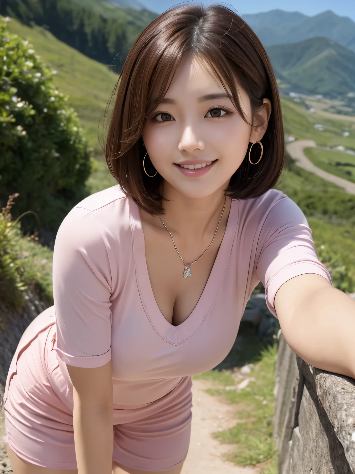 ((Light pink casual shirt(tight))),((Highest quality)), Realistic, Very detailed, In detail, ((High resolution)), 8K,((smile)), skirt lift, from bottom)),Beautiful, well-shaped eyes,(Korean women),((sexy)),Beautiful Skin,Detailed face,(Glamour),short hair,Brunette colored hair,20th Generation,Glamour system,Bust size: 87cm,Neat stenosis,((Mountain、hiking))、necklace、Earrings,((The sun is dazzling))
