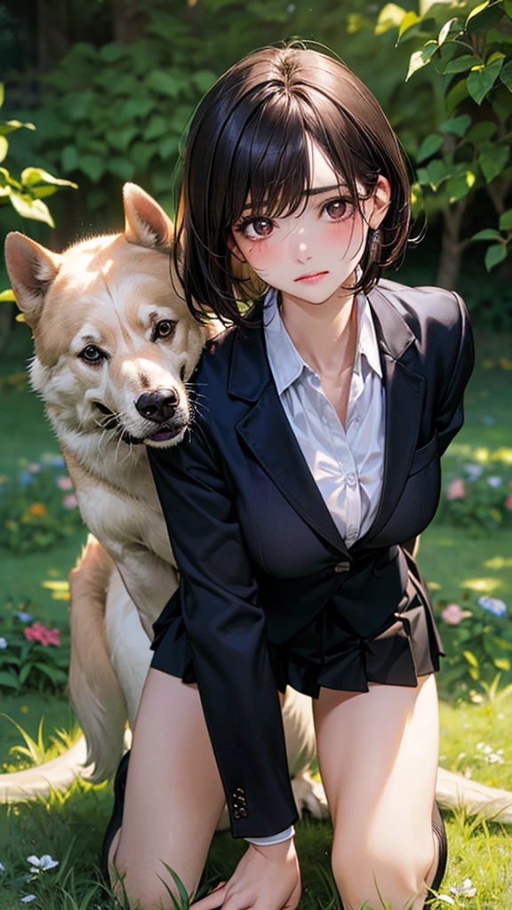 (masterpiece:1.2, top-quality), (realistic, photorealistic:1.4), beautiful illustration, (natural side lighting, movie lighting),
looking at viewer, cowboy shot, front view, 1 girl, japanese, high school girl, perfect face, cute and symmetrical face, shiny skin,
(short hair:1.2, bob cut:1.2, brown hair), swept bangs, dark brown eyes, long eye lasher, (large breasts:0.6, seductive thighs),
beautiful hair, beautiful face, beautiful detailed eyes, beautiful clavicle, beautiful body, beautiful chest, beautiful thigh, beautiful legs, beautiful fingers,
(((black blazer, close blazer), long sleeve white collared shirts, black pleated skirt, black socks)),
(beautiful scenery), A girl is on all fours in the grass in the meadow. She is carrying a large dog on her back and mating with it.
Her face is bright red and flushed, her brow is furrowed, and she looks like she is about to cry.
The skirt is very short.