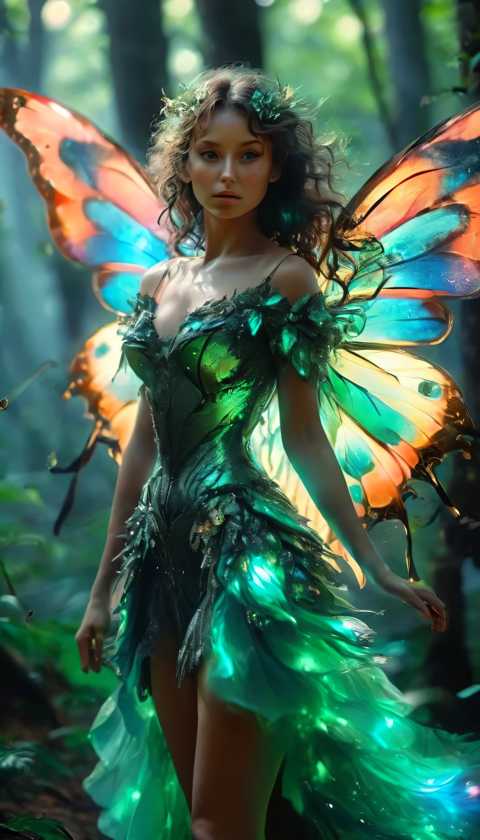 beautiful extreme tall fairy forest green clothes and eyes, large bright iridescent luminescent fairy wings, black full wavy curly wind blown hair, happy loving, on a forest trail in the deep woods illuminated by here ethereal magic and multitude of forest insects butterflies moths and sprite tracers, unity 8k wallpaper, ultra detailed, beautiful and aesthetic, masterpiece, best quality, cowboyshot, the most beautiful form of chaos, elegant, a brutalist designed, vivid colours, solo, solo, dramatic lighting, , Realist portrait of a inclusion of ( breathtaking ethereal RAW photo of female ((extremely realistic photo)), (professional photo), (cowboy shot:1.25). award-winning photography, hyperrealistic, raw photo, fuji velvia. , sexy pose, . TSUBAKIDEF, ((((Full body shot of stunning beauty woman)),8k