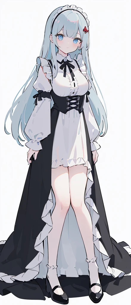 (long beautiful red hair) cyan eyes, (Eyes behind long bangs) big breasts, Standing pose, hands behind the back,  (using socks) perfect shiny beautiful cyan shoes (Wearing luxurious palace black maid clothes Perfect perfect noble)  Pose facing sideways (Girl1, straight grey hair not too long, bangs covering one eye, soft face, gentle smile)red long hair, beautiful cyan eyes (Sitting pose, right hand down, left hand down, leaning pose,  smile kawai, (blank white background) Wearing a black corset, (Using a beautiful bright blue ribbon) Kawai shy cute eyes (black colored shoes must be shiny, Must wear short white socks) Wrists must be completely bare without a single piece of cloth covering either side Wrists must be completely bare without a single piece of cloth covering either side Wrists must be completely bare without a single piece of cloth covering either side, The bangs cover the left eye of the toe perfectly, Long bangs cover the left eye, long black maid dress shirt sleeves, cold face, royal minister, Standing pose, Black skirt, shirt sleeves must be long black, Long leg