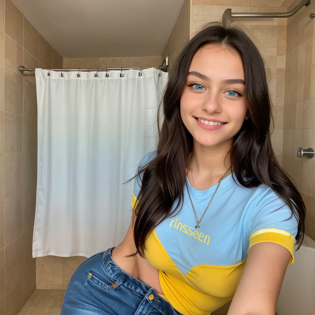 Russian teenage girblue eyes , taking a selfie with a happy smile ,with the face of a young girl with a perfect body, big eyes , wide fleshy lips thin upturned nose, with a fine face like a barbie , normal somewhat large voluminous breasts ,very long and very straight black hair, wearing dark jeans and a big button shirt , 14 years old, very , Teenage girl with blue eyes posing very sexy wearing a fire yellow t-shirt and casual night clothes in the bathroom ,straight hair. a very attractive sexually attractive teenage girl, shows his cute teeth in a smile
