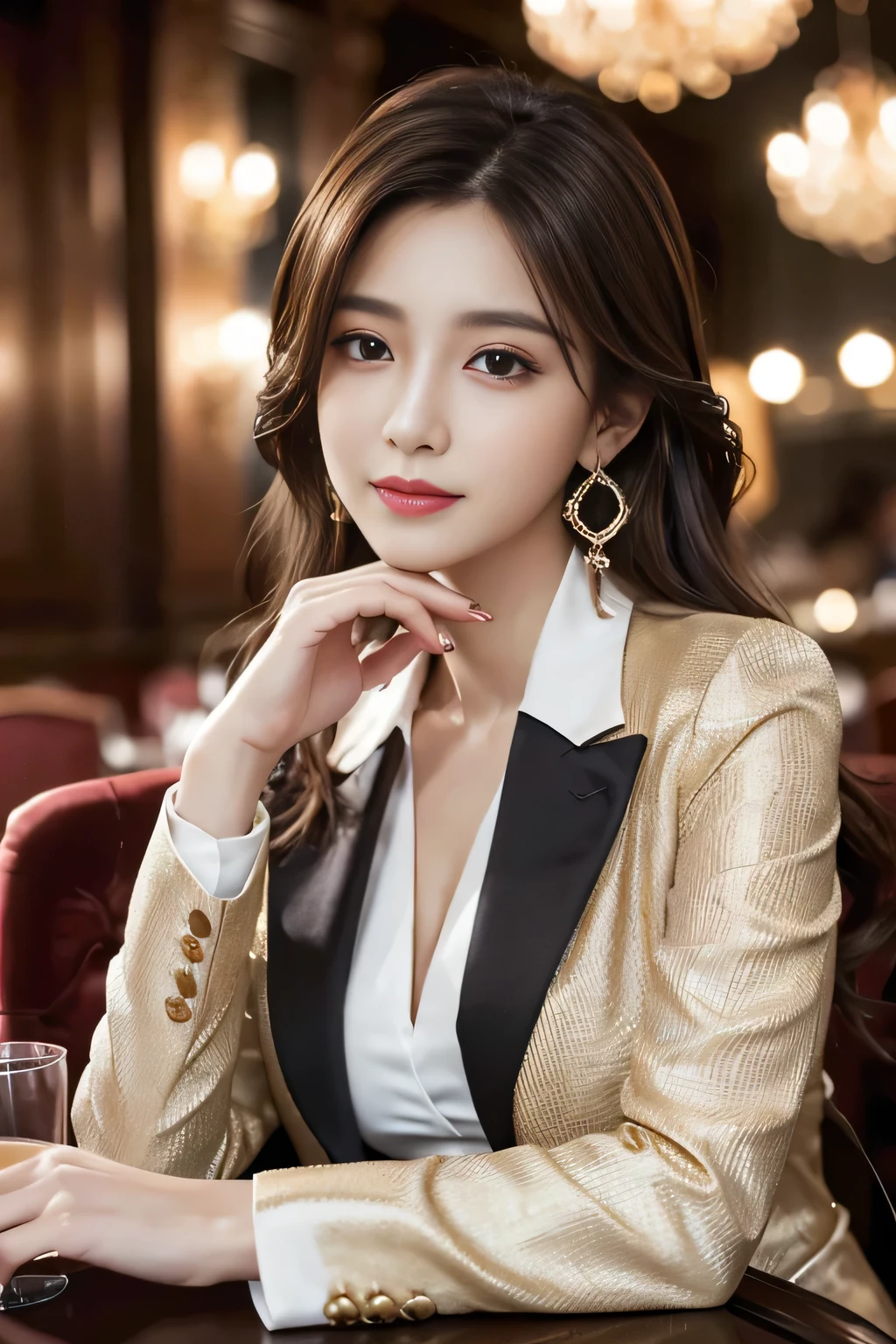 masterpiece, Highest quality, Realistic, Very detailed, Finer details, High resolution, 8k wallpaper, One beautiful woman, Wear a nice suit, In a great restaurant, At night, Light brown messy hair, Perfect dynamic composition, Beautiful and beautiful eyes、Big earrings、Sit on a chair