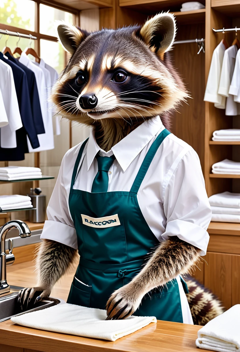 Raccoon Dry Cleaner,Hand washable for a beautiful finish,The best reputation in town,Always busy,Work clothes include an apron,Foamy front paws
