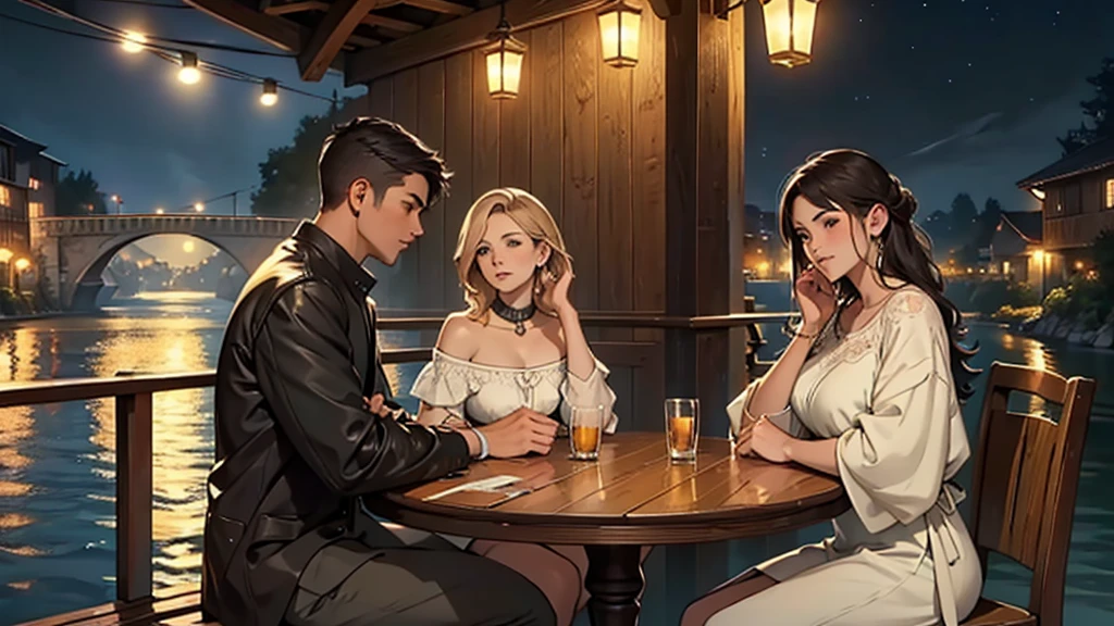 ((best quality)), ((work of art)), ((detailed)), 3 friends, one man and two women, sitting at a large table, facing the river, at night