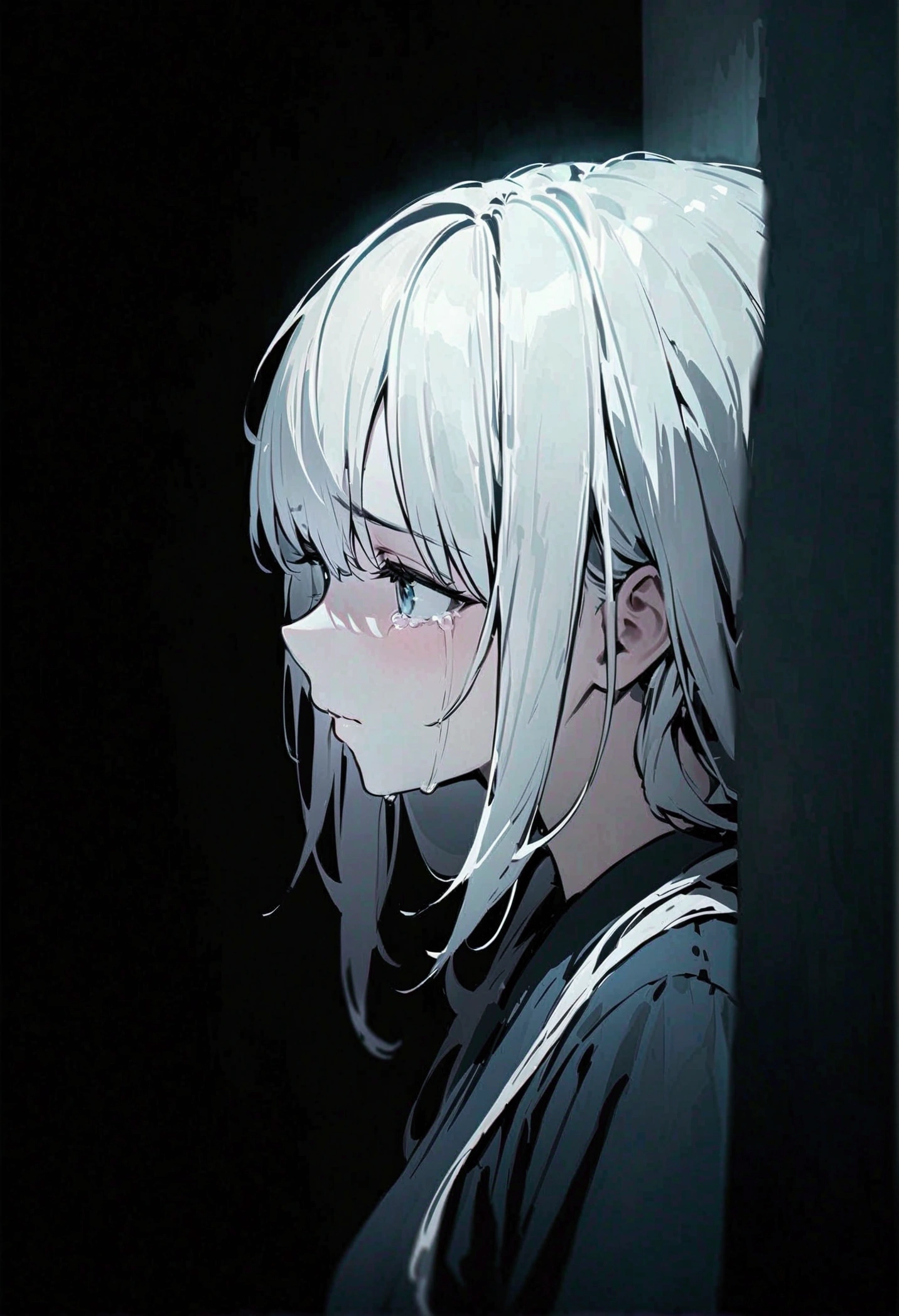 digital drawing,a woman crying, long white hair,just the face,UHD, high resolution, Blurred Background,Dark theme, solitary, dark environment,