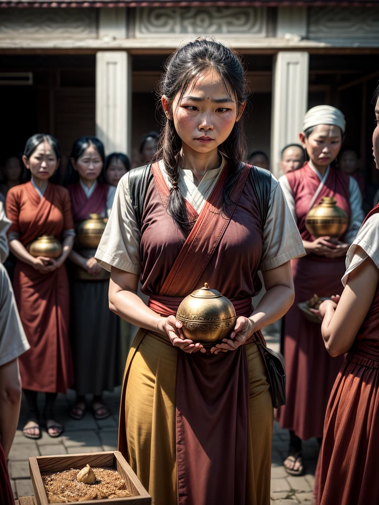 A surreal image of Thai people and villagers paying respects. Thai family Standing monk holding an alms bowl. Monks. The realism of the temple., Realistic photorealism, perfect, high detail, sharp, 8k, fantasy art, realistic.
