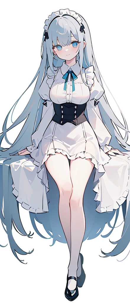 (long beautiful red hair) cyan eyes, (Eyes behind long bangs) big breasts, Standing pose, hands behind the back, (using socks) perfect shiny beautiful cyan shoes (Wearing luxurious palace black maid clothes Perfect perfect noble) Pose facing sideways (Girl1, straight grey hair not too long, bangs covering one eye, soft face, gentle smile)red long hair, beautiful cyan eyes (Sitting pose, right hand down, left hand down, leaning pose, smile kawai, (blank white background) Wearing a black corset, (Using a beautiful bright blue ribbon) Kawai shy cute eyes (black colored shoes must be shiny, Must wear short white socks) Wrists must be completely bare without a single piece of cloth covering either side Wrists must be completely bare without a single piece of cloth covering either side Wrists must be completely bare without a single piece of cloth covering either side, The bangs cover the left eye of the toe perfectly, Long bangs cover the left eye, long black maid dress shirt sleeves, cold face, royal minister, Standing pose, Black skirt, shirt sleeves must be long black, Long leg