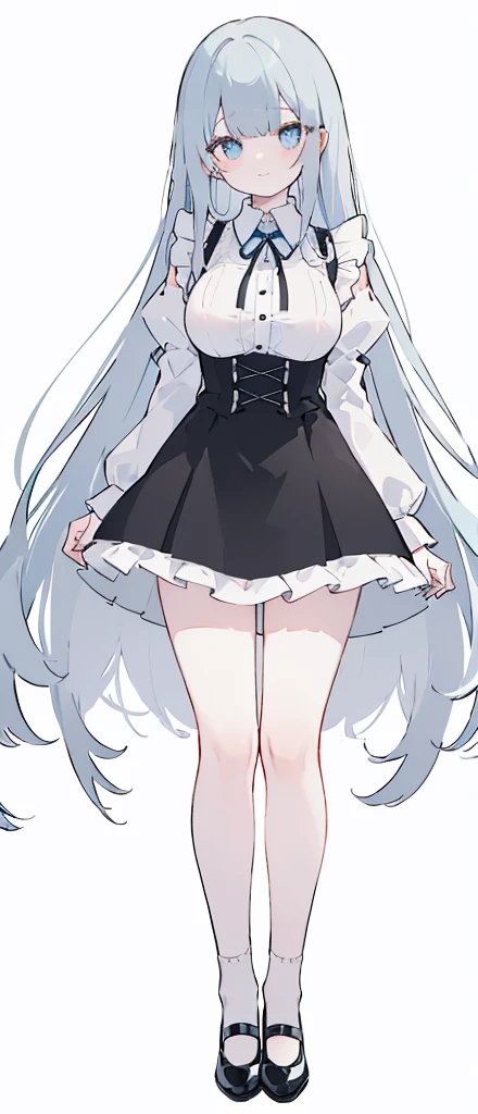 (long beautiful red hair) cyan eyes, (Eyes behind long bangs) big breasts, Standing pose, hands behind the back, (using socks) perfect shiny beautiful cyan shoes (Wearing luxurious palace black maid clothes Perfect perfect noble) Pose facing sideways (Girl1, straight grey hair not too long, bangs covering one eye, soft face, gentle smile)red long hair, beautiful cyan eyes (Sitting pose, right hand down, left hand down, leaning pose, smile kawai, (blank white background) Wearing a black corset, (Using a beautiful bright blue ribbon) Kawai shy cute eyes (black colored shoes must be shiny, Must wear short white socks) Wrists must be completely bare without a single piece of cloth covering either side Wrists must be completely bare without a single piece of cloth covering either side Wrists must be completely bare without a single piece of cloth covering either side, The bangs cover the left eye of the toe perfectly, Long bangs cover the left eye, long black maid dress shirt sleeves, cold face, royal minister, Standing pose, Black skirt, shirt sleeves must be long black, Long leg