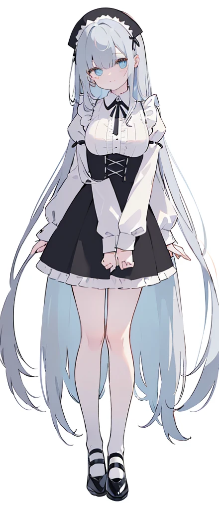 (long beautiful red hair) cyan eyes, (Eyes behind long bangs) big breasts, Standing pose, hands behind the back, (using socks) perfect shiny beautiful cyan shoes (Wearing luxurious palace black maid clothes Perfect perfect noble) Pose facing sideways (Girl1, straight grey hair not too long, bangs covering one eye, soft face, gentle smile)red long hair, beautiful cyan eyes (Sitting pose, right hand down, left hand down, leaning pose, smile kawai, (blank white background) Wearing a black corset, (Using a beautiful bright blue ribbon) Kawai shy cute eyes (black colored shoes must be shiny, Must wear short white socks) Wrists must be completely bare without a single piece of cloth covering either side Wrists must be completely bare without a single piece of cloth covering either side Wrists must be completely bare without a single piece of cloth covering either side, The bangs cover the left eye of the toe perfectly, Long bangs cover the left eye, long black maid dress shirt sleeves, cold face, royal minister, Standing pose, Black skirt, shirt sleeves must be long black, Long leg