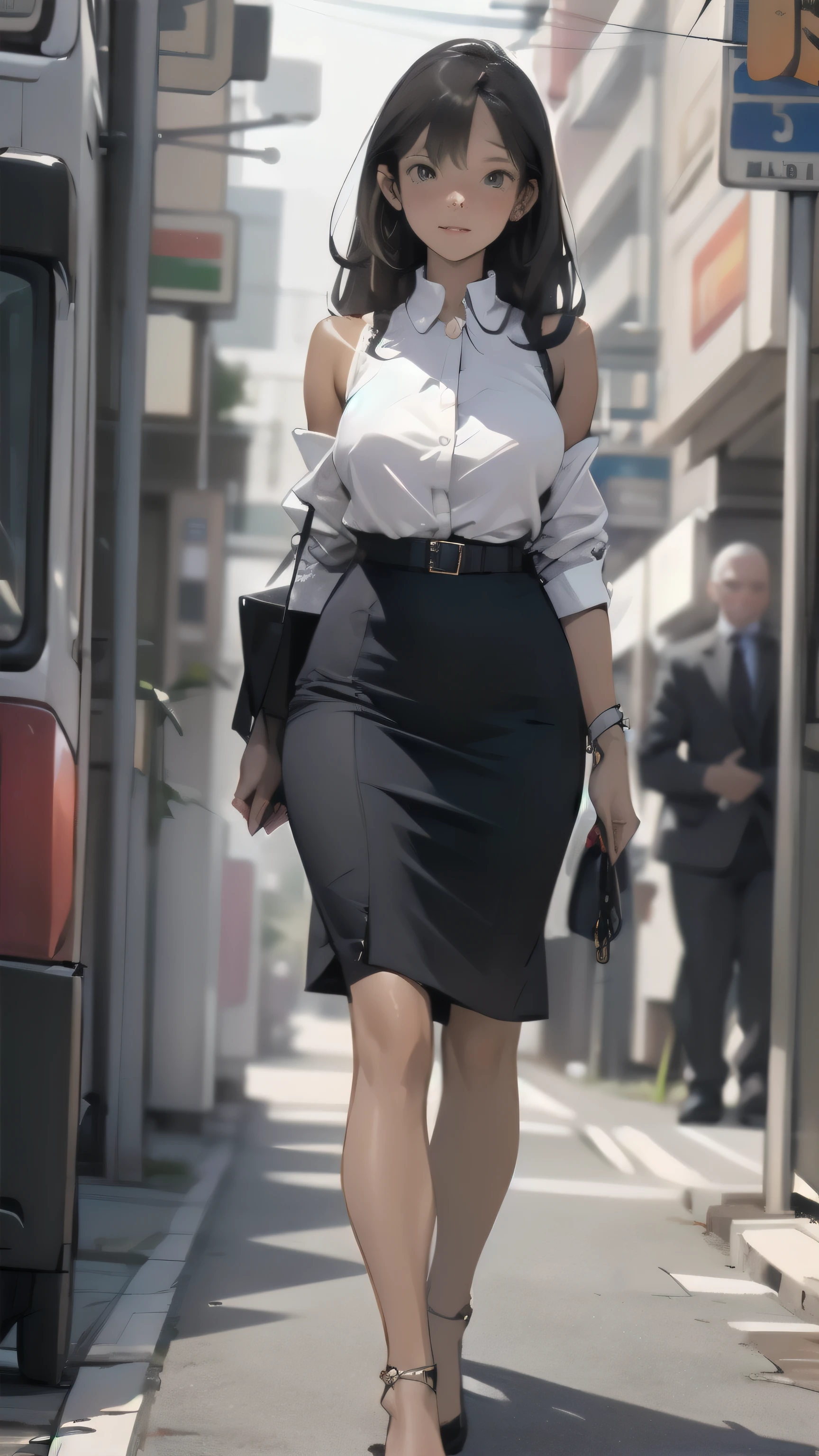 1 girl, looking directly at viewer, business attire, highly detailed , tan skin, top showing skin, elegant business attire, highly detailed, tan skin, bare shoulders, natural lighting, full body view walking towards viewer