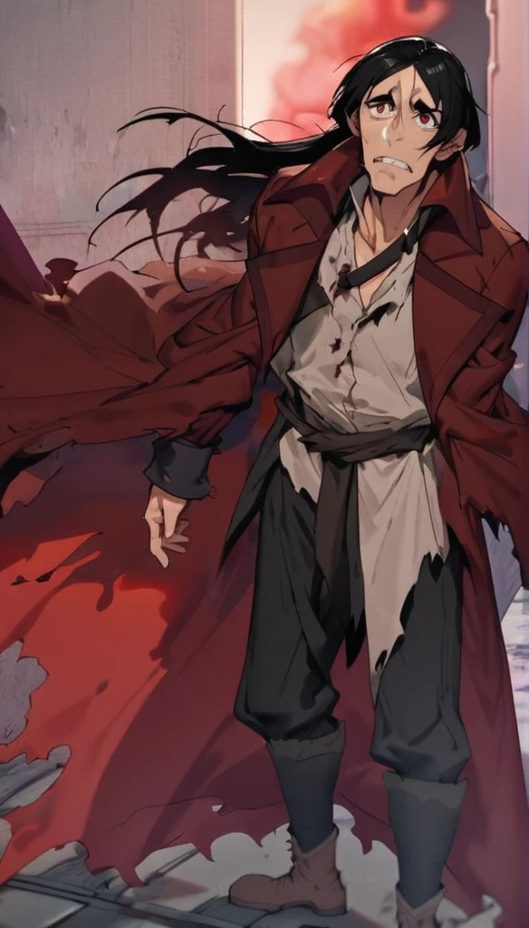 a tall man of seeming middle age, with a long face, broad chin, pronounced cheekbones, and reddish-brown eyes topped by thin eyebrows. His long ragged black hair with white highlights. His attire consists of a tattered white dress shirt with an upturned collar and cuffs, black pants, low-heeled boots, and a long, amorphous red overcoat with a burgundy highlight that flares out into ragged ends.
