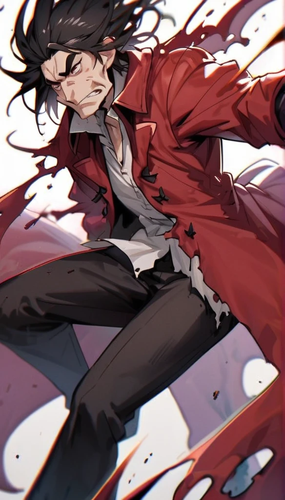 a tall man of seeming middle age, with a long face, broad chin, pronounced cheekbones, and reddish-brown eyes topped by thin eyebrows. His long ragged black hair with white highlights. His attire consists of a tattered white dress shirt with an upturned collar and cuffs, black pants, low-heeled boots, and a long, amorphous red overcoat with a burgundy highlight that flares out into ragged ends.