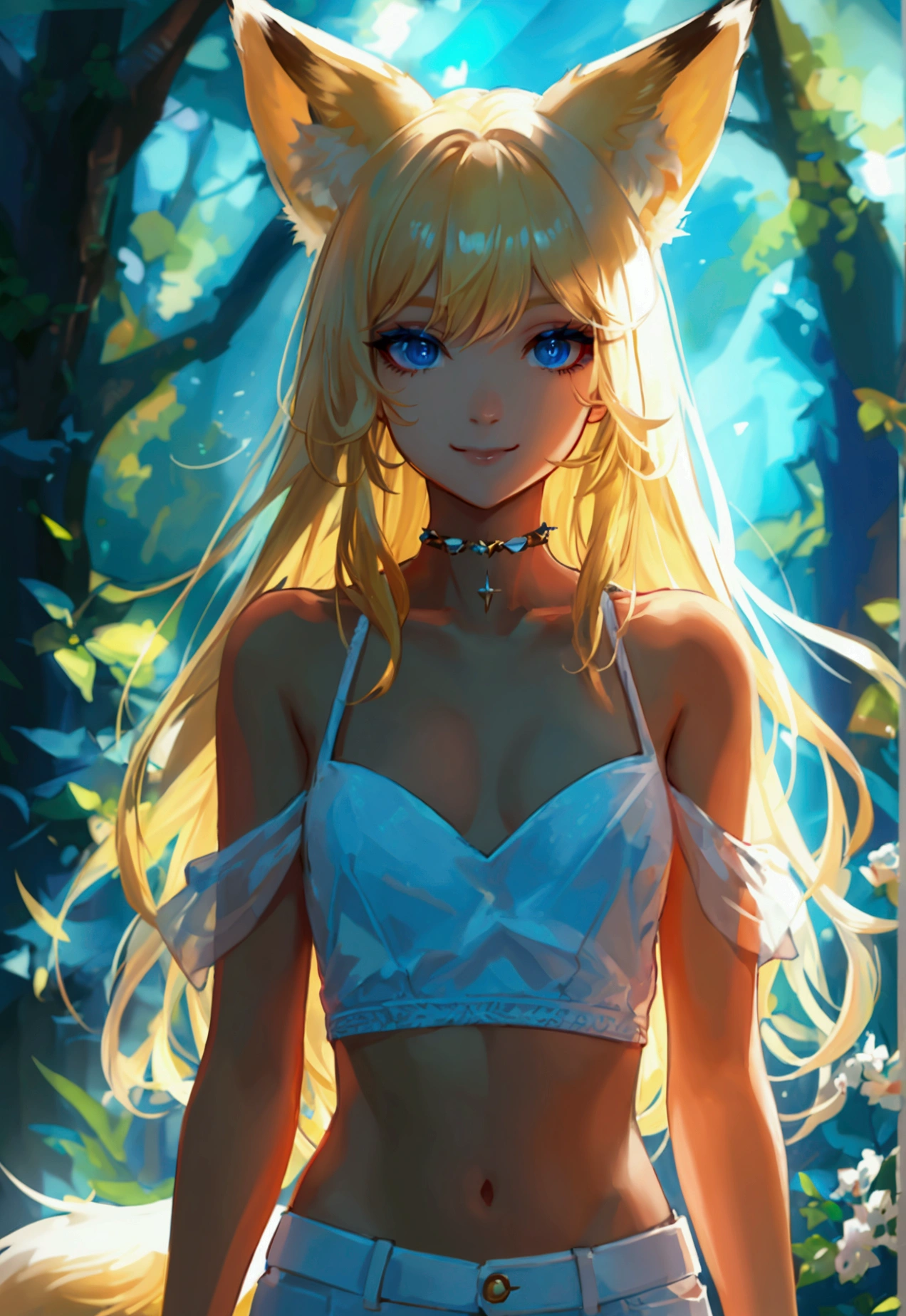 masterpiece, best quality, official art, extremely detailed 8k wallpaper, highly detailed, absurdres, (Bright background, day), Picturesque scenery of a bright forest, exquisite facial features, Fox ears, blue eyes, Perfect fingers, perfect face, (sharp eyeliner, eyeshadow, detailed eyes:1.1), [Long Blonde hair], Small breasts, Perfect skin, shiny skin, female, solo, light smile, [White crop top, White Shorts, White high heels]
