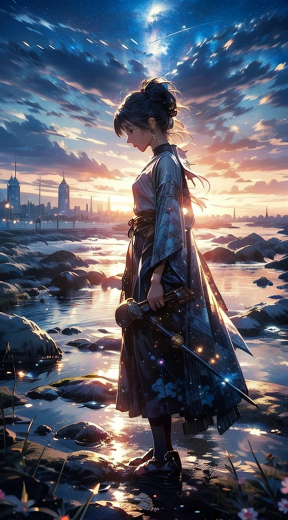 Close-up girl looking up、Crying girl、Girl in Profile、The colorful Metropolitan Museum of Art in the background、Painting of a river with stars and moon in a rainbow sky、Met、輝くskyscraper、Shine overall、skyscraper、Concept art inspired by Tosa Mitsuoki、pixiv contest winners、Highest quality、Fantasy art、Beautiful anime scene、Bright Moon、Moonlight Star Environment、Dream painting、Anime Background Art、Fantasy Landscape Painting、Fantasy Knight、Anime Background、Background artwork、Great art、Atmospheric anime、Starry Sky、details enhanced。Fantasy