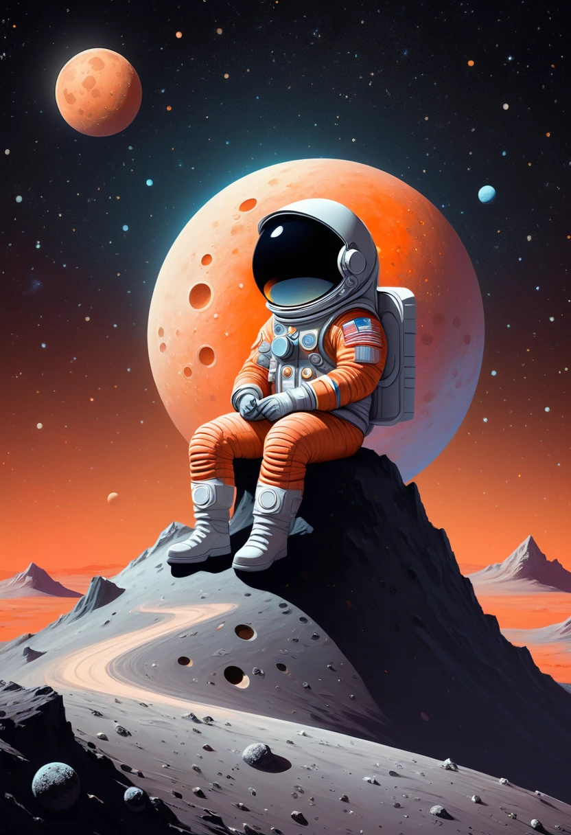 A whimsical digital illustration of a cartoonish astronaut, delicately rendered in soft pastel hues, sitting on a tiny, cratered moon, lost in thought as they stare out into the vast, starry expanse of empty space, their bright orange spacesuit a pop of color against the muted, celestial backdrop, with subtle texture and gentle shading adding depth to the minimalist composition, evoking a sense of wonder and contemplation, as if pondering the mysteries of the cosmos, amidst the eerie silence of the lunar surface.