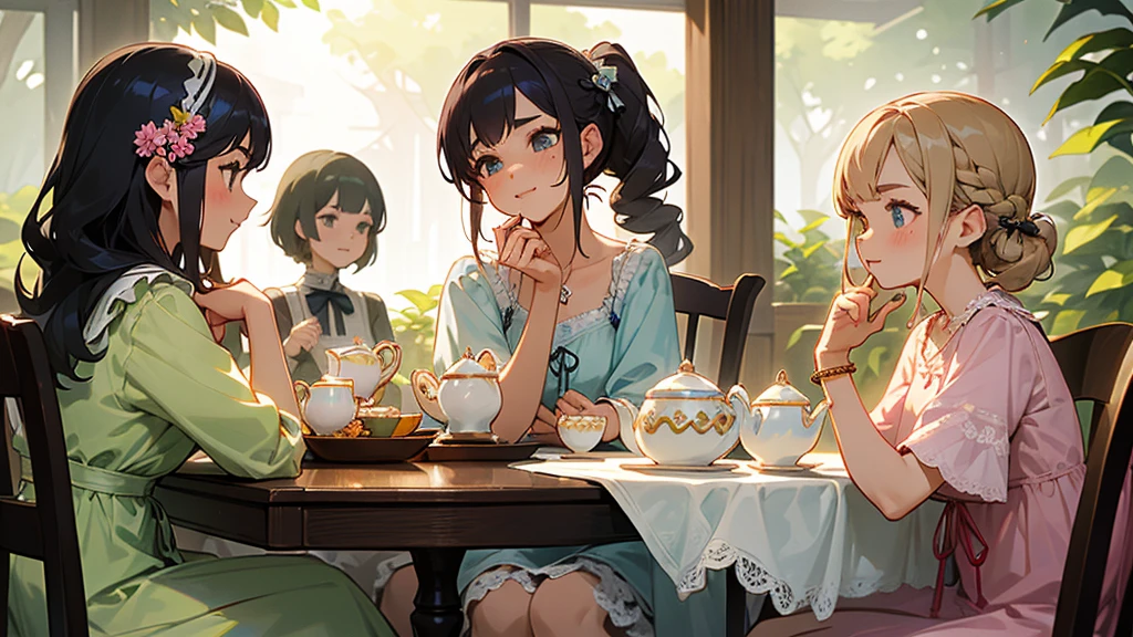 Highest quality、High resolution、Detailed Background、(Beautiful face in every detail:1.4)、Anatomically correct、(Detailed facial expressions)、(Detailed eyes:1.2)、Teenage beauty、(Highly detailed face:1.4)、Cute hair colour、Braided Ponytail、Bobcut、Braided long hair、Wavy Hairstyle、well-groomed eyebrows、Cute Eye Makeup、Cute Lip Makeup、Calm atmosphere、Happy expression、smile、Laughter、Tea time at the cafe、Cute gestures、
(Four women enjoying tea time at a cute cafe:1.5)、
Flared silhouette dress、Camisole dress with frills and lace、
A-line dress with ribbon and flower motif、pink、Pastel Blue、Soft colors such as lavender、white、A clean base color such as beige、
Ribbon and flower hair accessories、Pearl and jewel necklaces、bracelet、
Lace bag、Pumps with ribbon、Suede or velvet short boots、
It's gorgeous but also feminine.