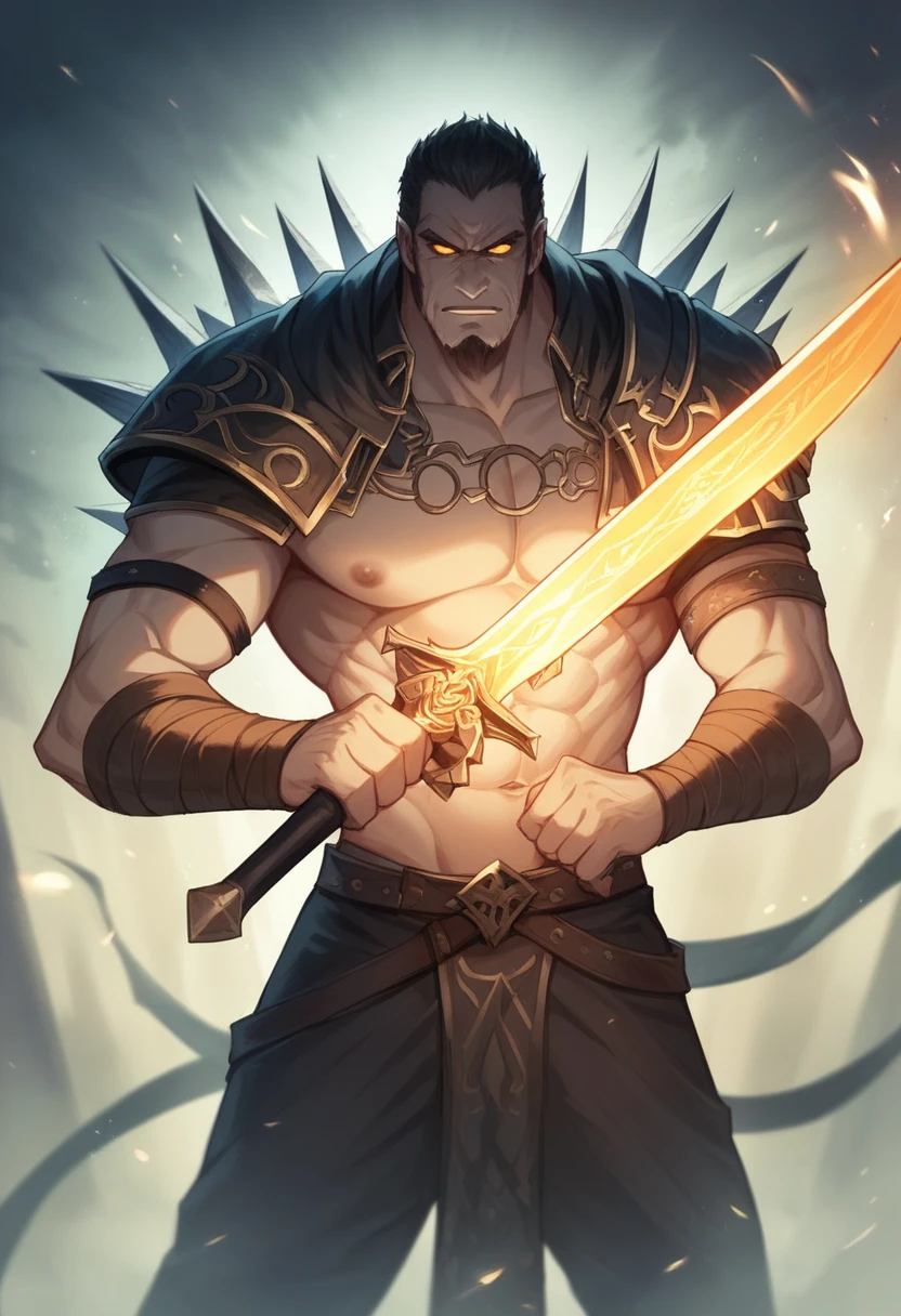 An ultra-detailed close-up of an epic hero wielding a sword on a firelit battlefield, facing evil beings, luminous fantasy style art. A handsome male god of death, created for dark metal music, with a mystical and strong touch. Epic fantasy digital art style in 4K Ultra HD, capturing the intensity and minute details of the war against evil beings. Character designed with an exquisite and epic design, full of minute details. A digital masterpiece that combines detailed anime style with bright fantasy elements.