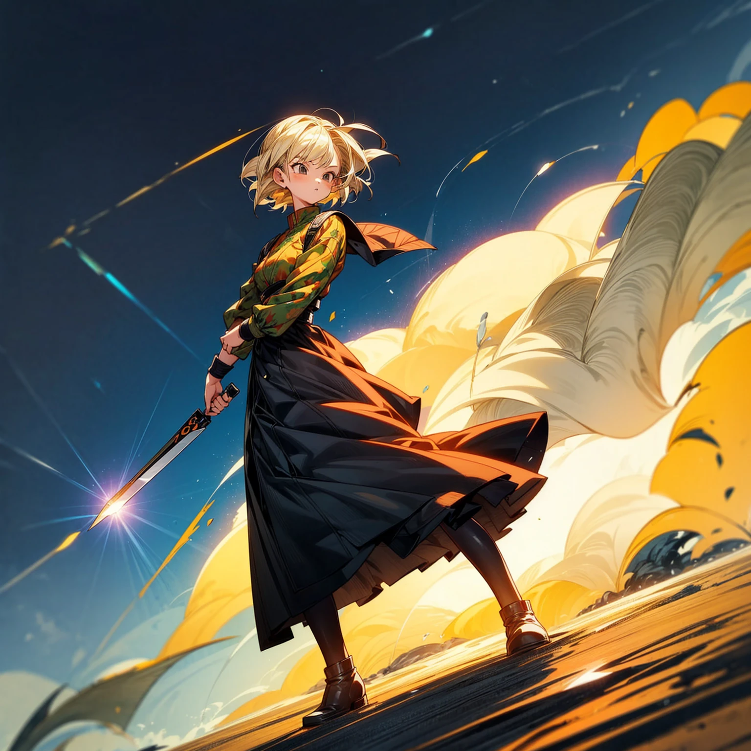 1girl, Full body version, 1character, girl version, black eyes color, bob Curly haircut, blonde colour hair, army style clothing, long skirt, long boots, knife in hand, Grassroots, background in beach, motion blur, (dragon ball style art), standing gesture, (high angle view)