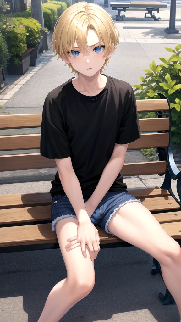 masterpiece, best quality, high quality, ,dark forsest, 1boy, solo, boy,male focus, looking at viewer , blonde hair,black T-shirt ,blue jean shorts, blue eyes, sitting on a bench