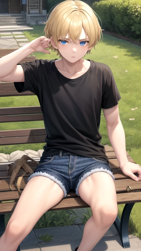 masterpiece, best quality, high quality, ,dark forsest, 1boy, solo, 14-year-old boy,male focus, looking at viewer , blonde hair,black T-shirt ,blue jean shorts, blue eyes, sitting on a bench